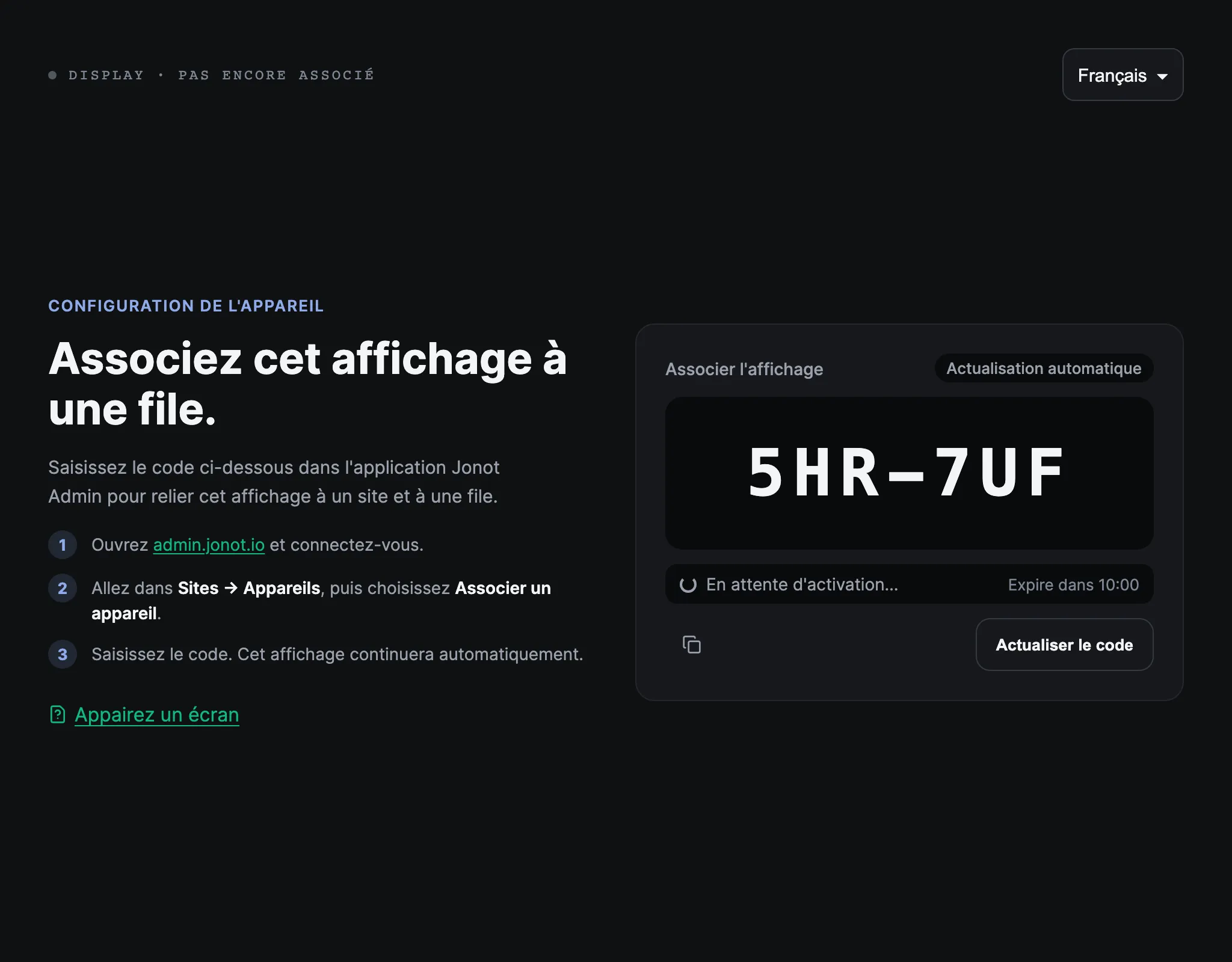 Écran d'appairage d'un écran Jonot affichant son code d'appairage