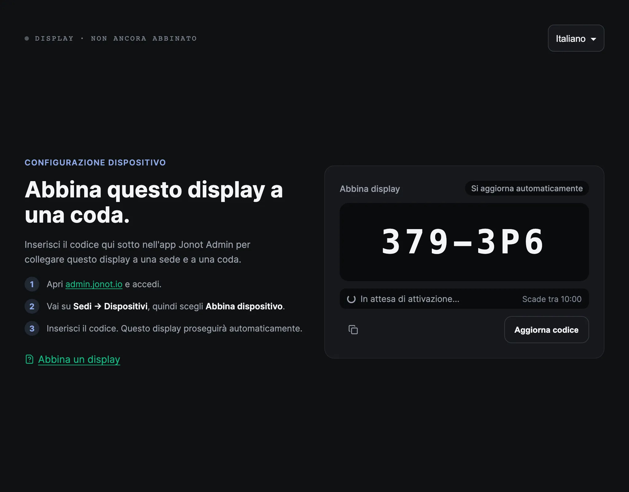 Schermata di abbinamento di un display Jonot che mostra il codice di abbinamento