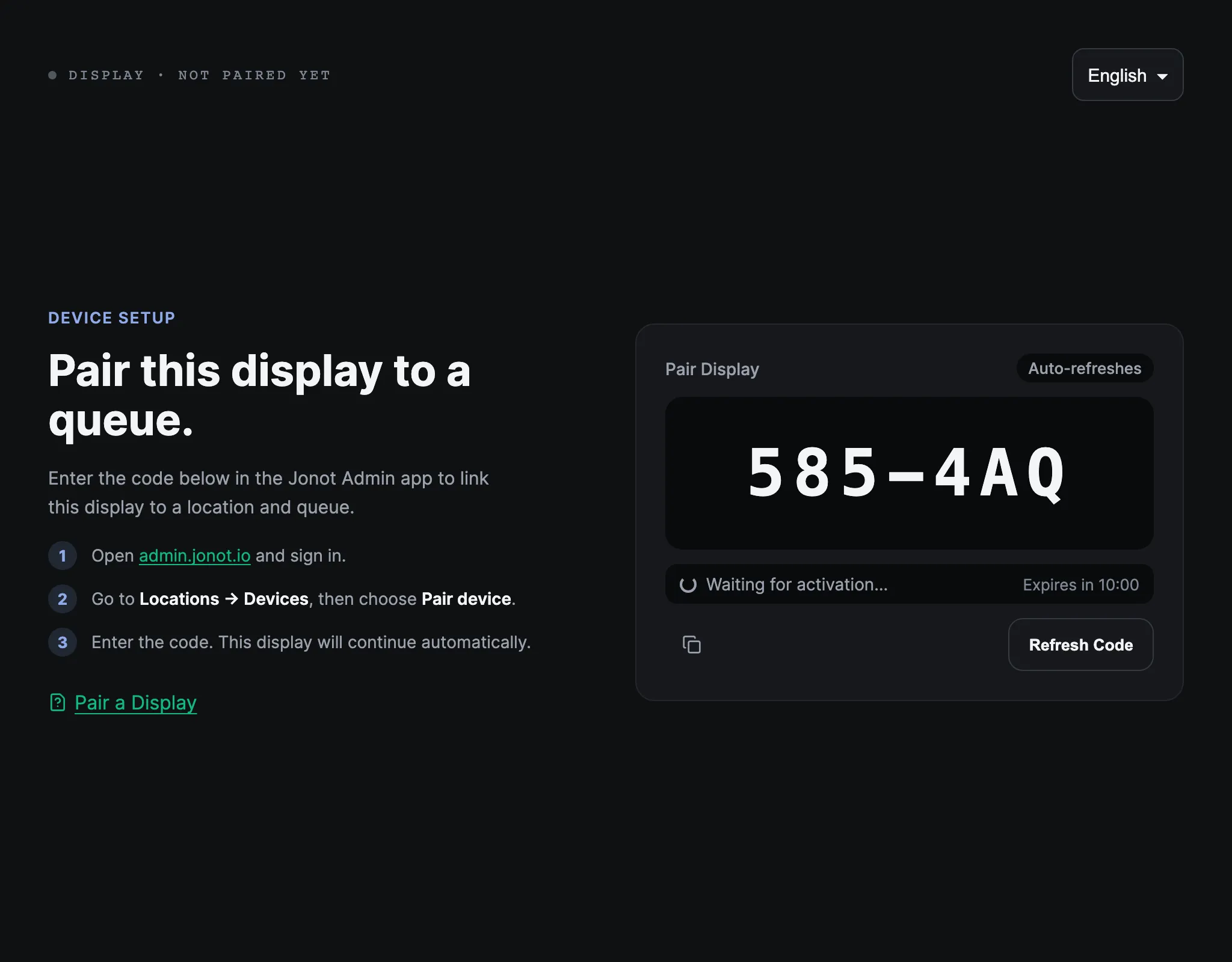 Pairing screen on a Jonot display showing its pairing code