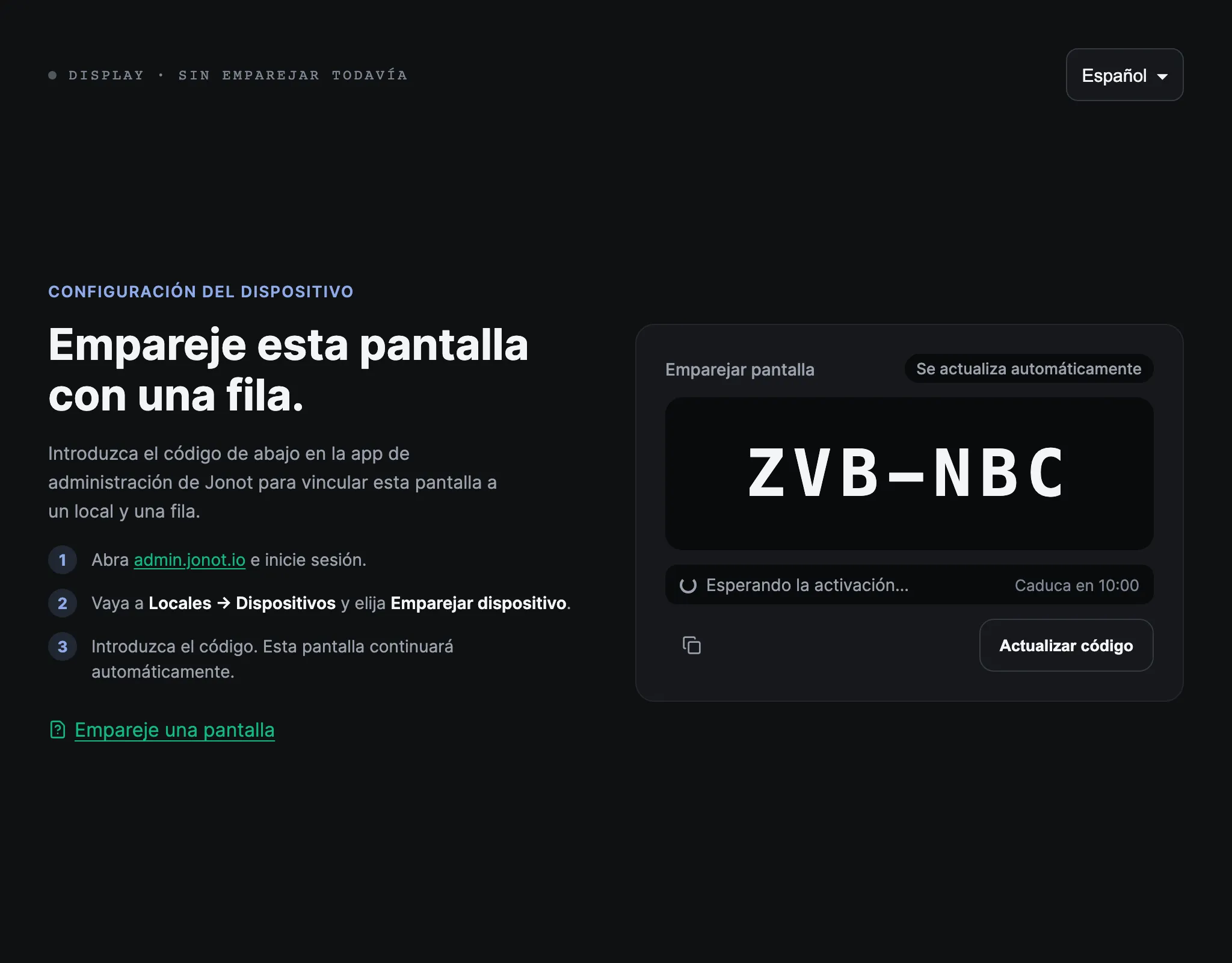 Pantalla de emparejamiento de una pantalla Jonot mostrando su código de emparejamiento