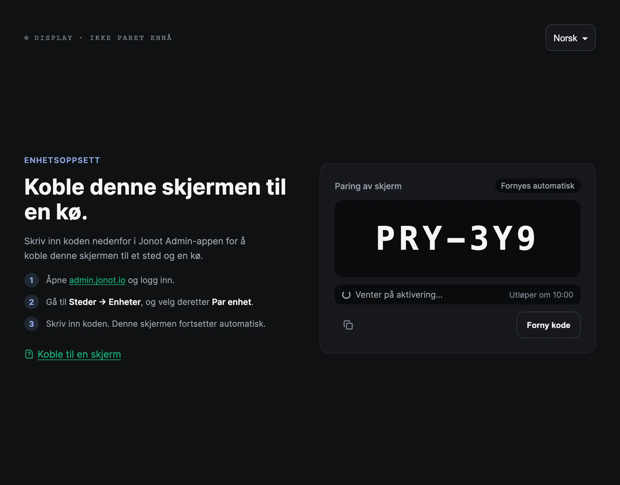 Koblingsskjermen på en Jonot-skjerm som viser koblingskoden