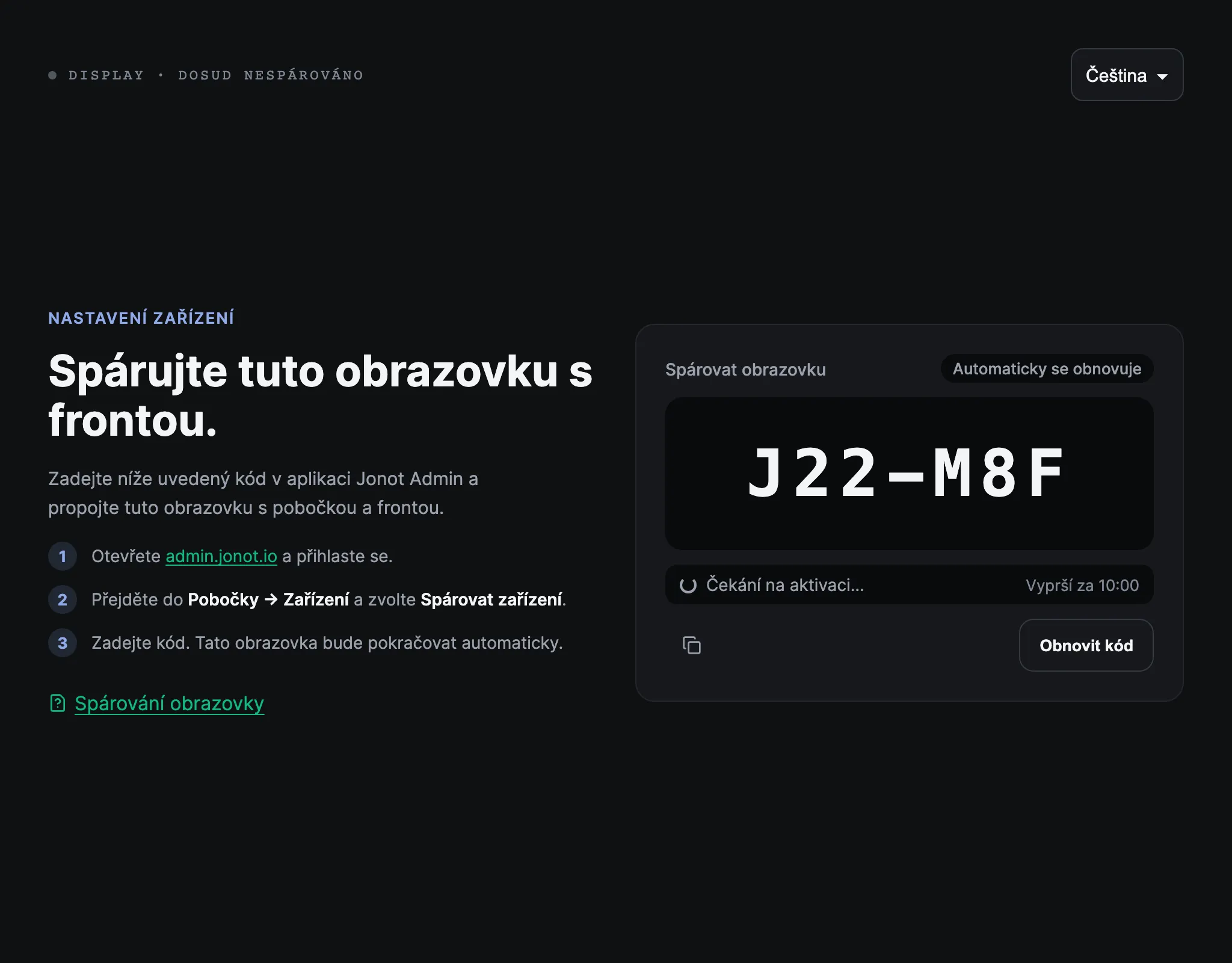 Párovací obrazovka displeje Jonot s párovacím kódem