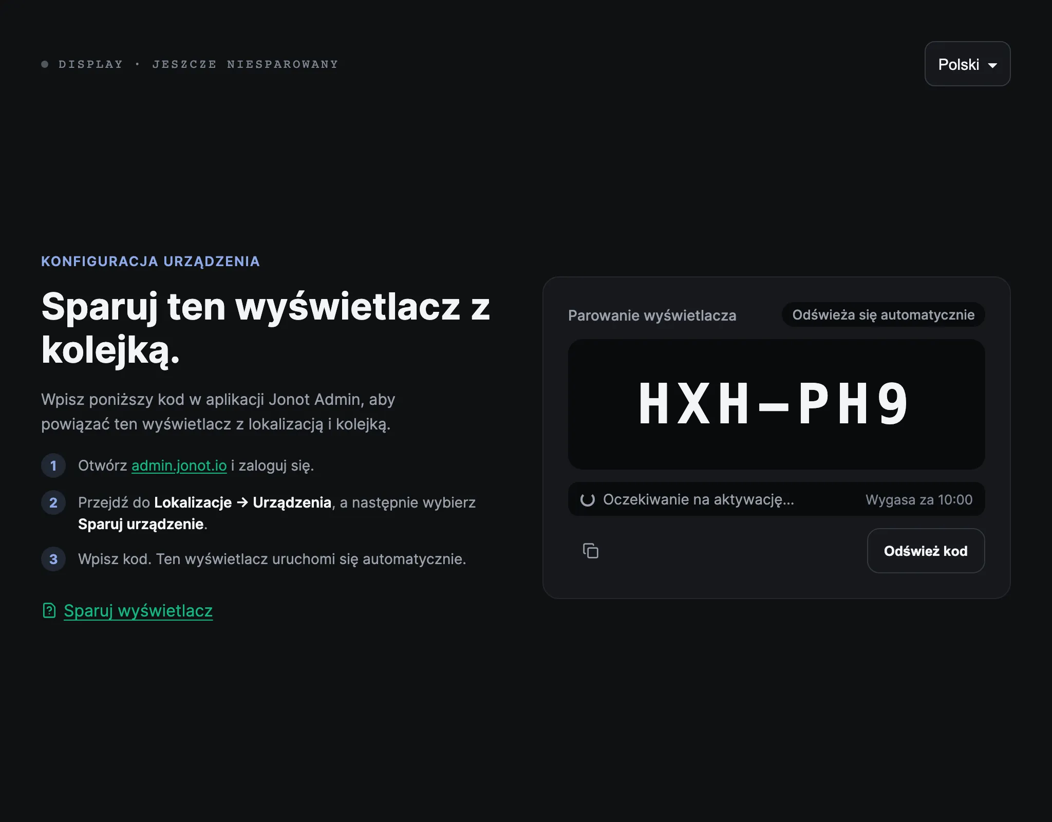 Ekran parowania wyświetlacza Jonot z kodem parowania