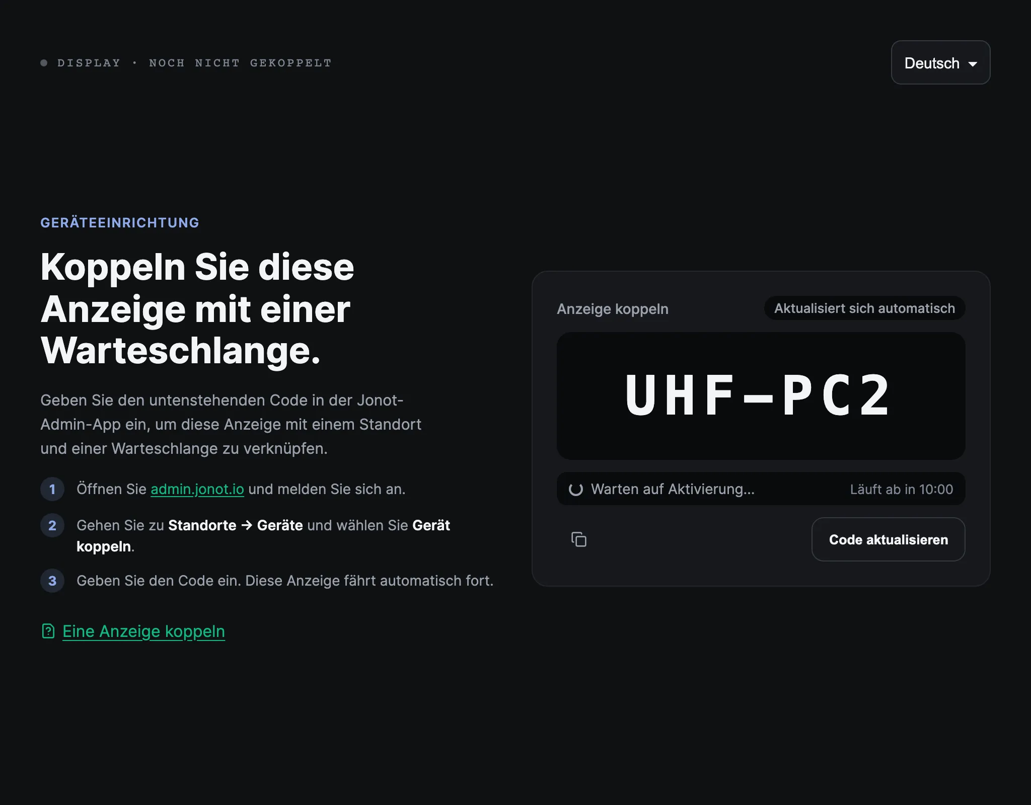 Kopplungsbildschirm einer Jonot-Anzeige mit dem Kopplungscode