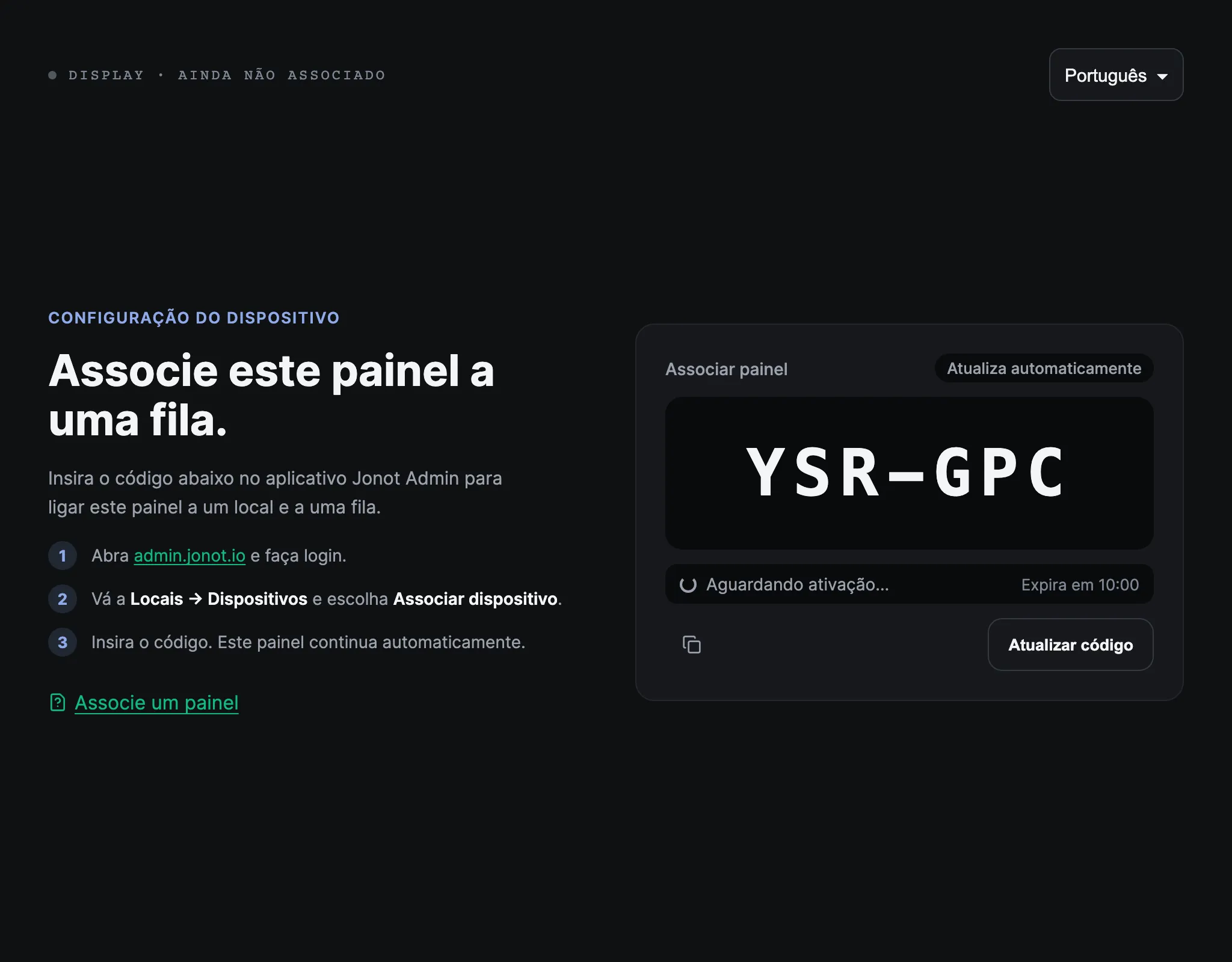 Ecrã de associação de um painel Jonot, mostrando o código de associação
