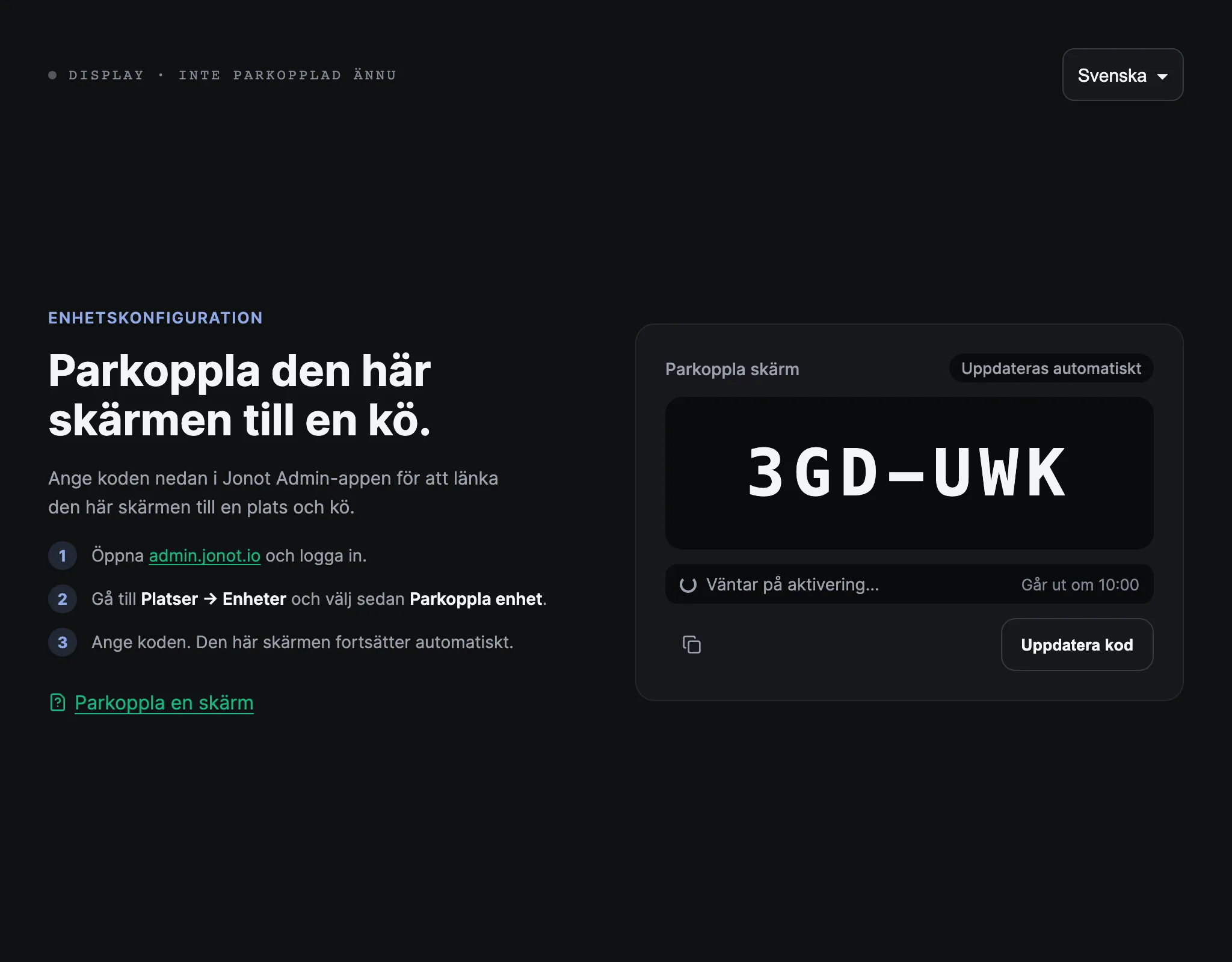 Parkopplingsskärmen på en Jonot-skärm som visar parkopplingskoden
