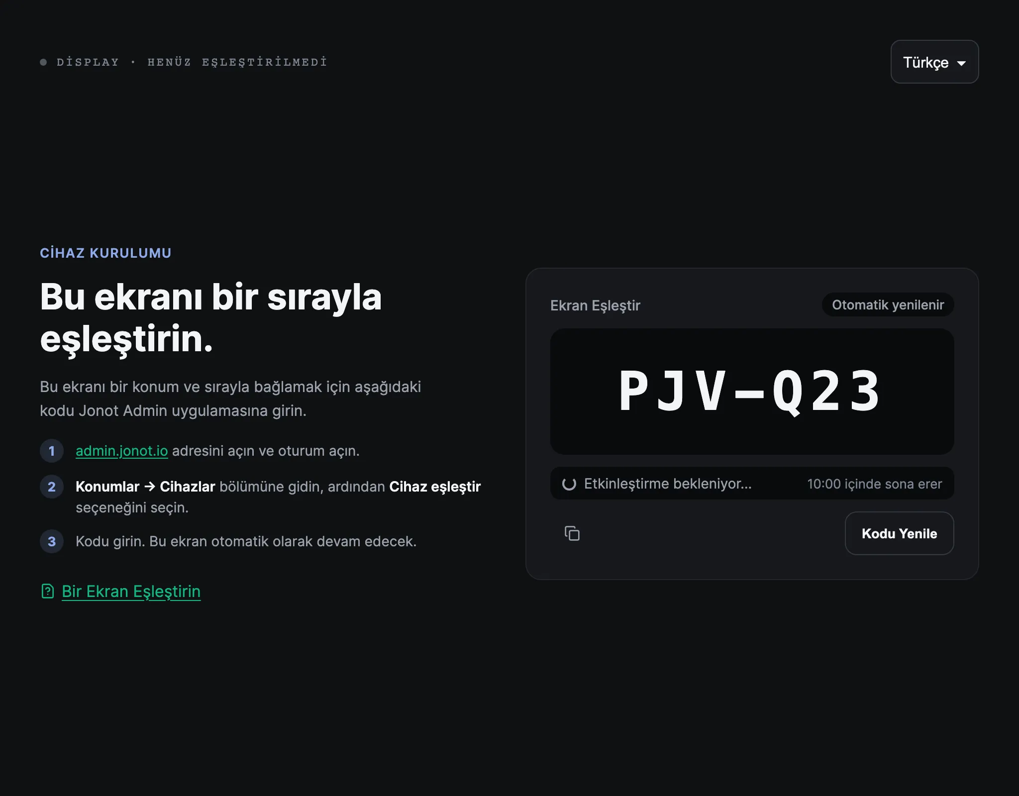 Eşleştirme kodunu gösteren Jonot ekran cihazı eşleştirme ekranı