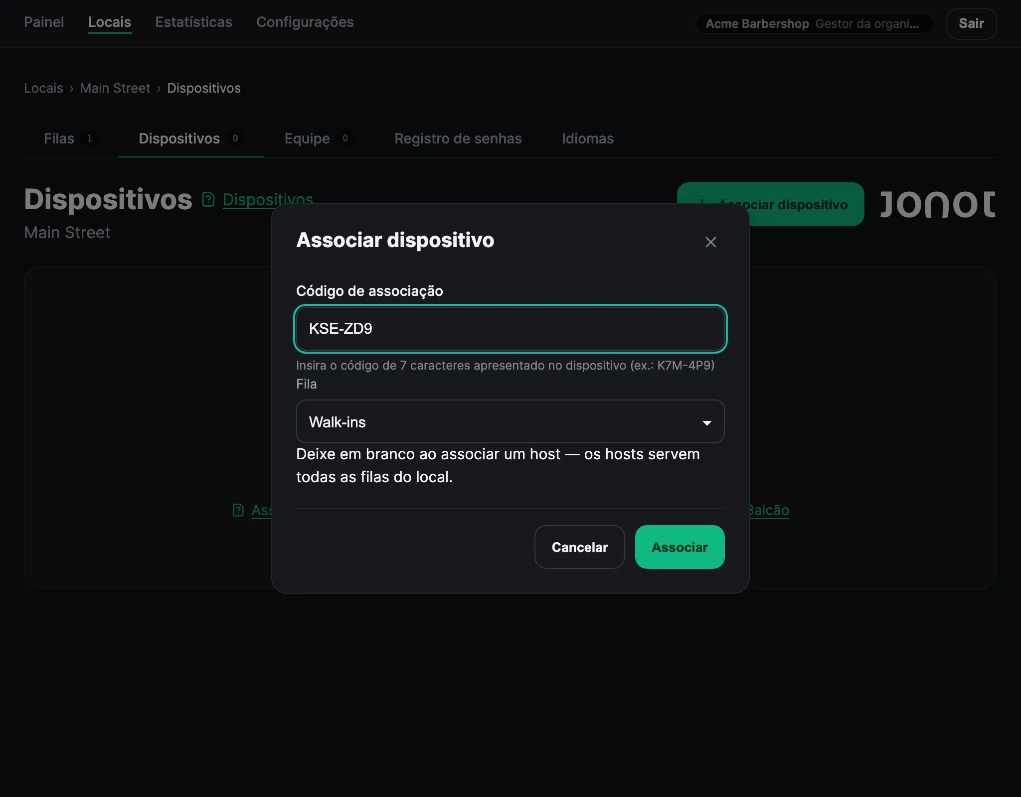 Caixa de diálogo de associação de dispositivo no painel de administração do Jonot, com o código de associação introduzido e uma fila selecionada