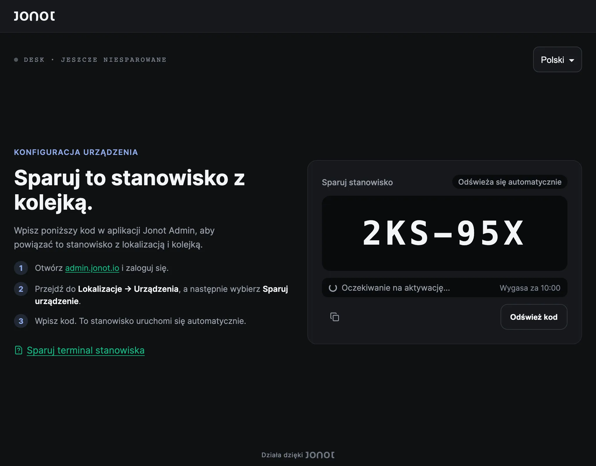 Ekran parowania terminala stanowiska Jonot z kodem parowania
