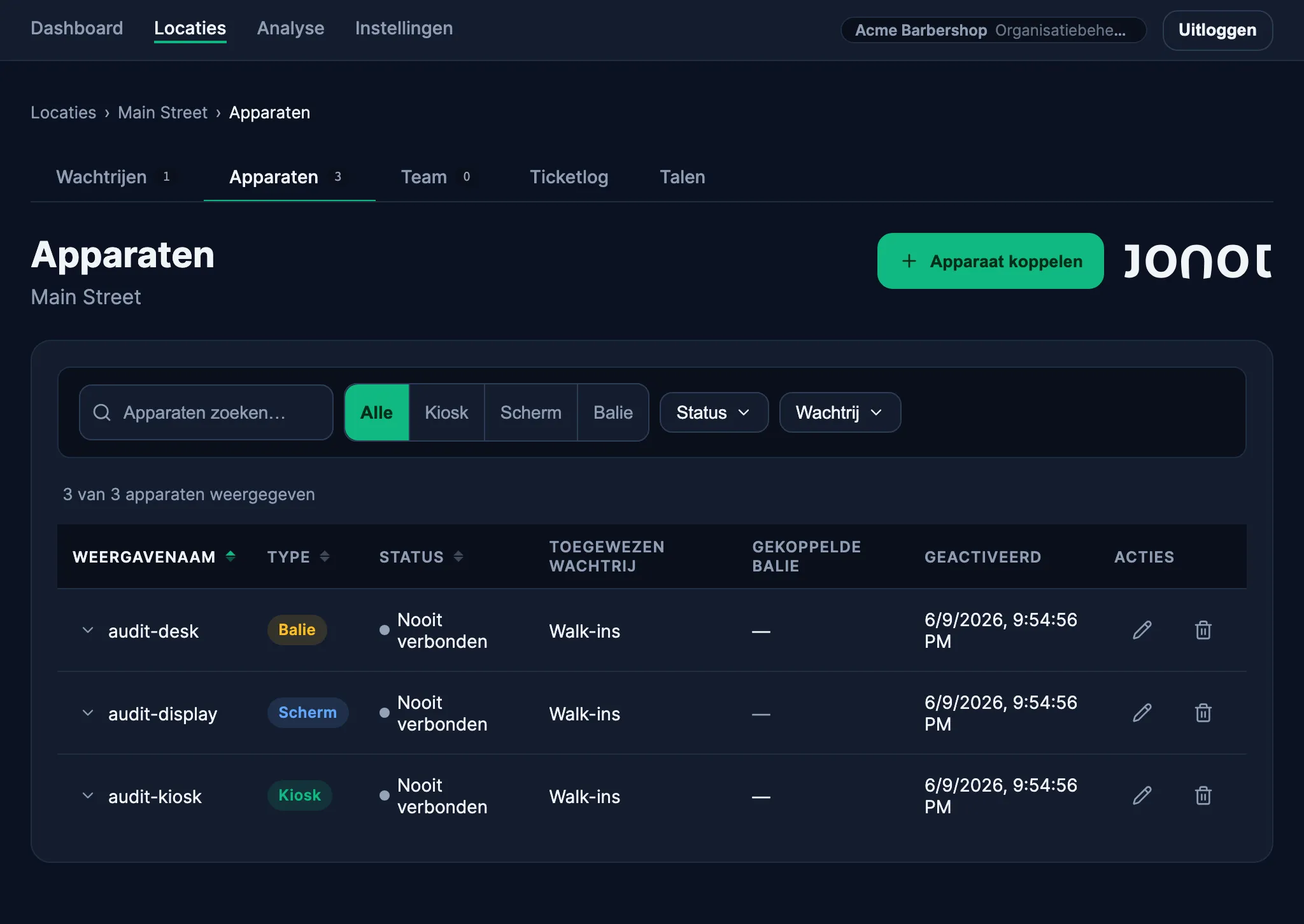 Apparaatbeheerpagina in het Jonot admin-dashboard met displaykoppeling