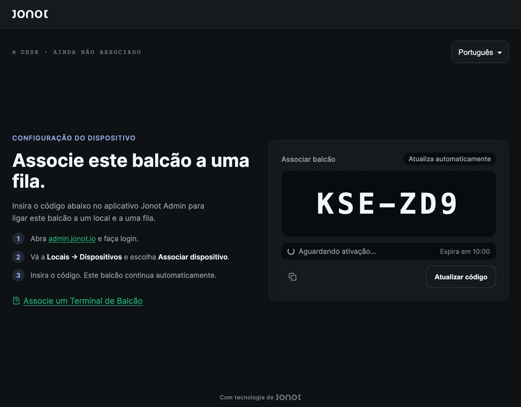 Ecrã de associação de um terminal de balcão Jonot, mostrando o código de associação