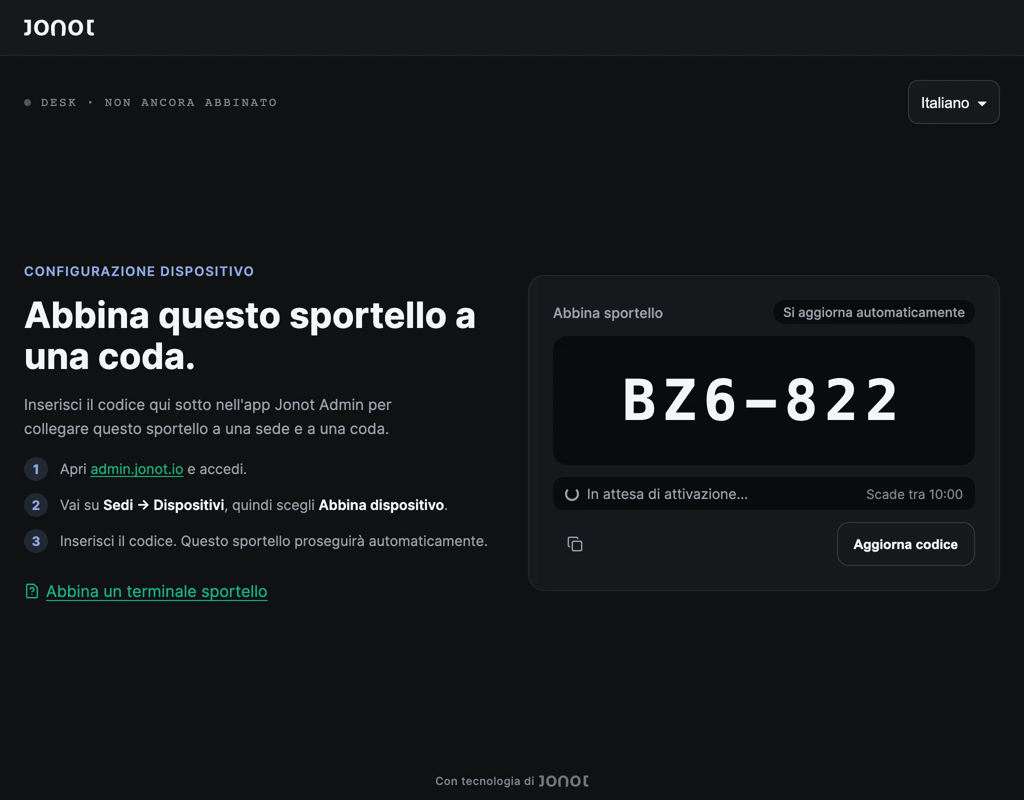 Schermata di abbinamento di un terminale sportello Jonot che mostra il codice di abbinamento