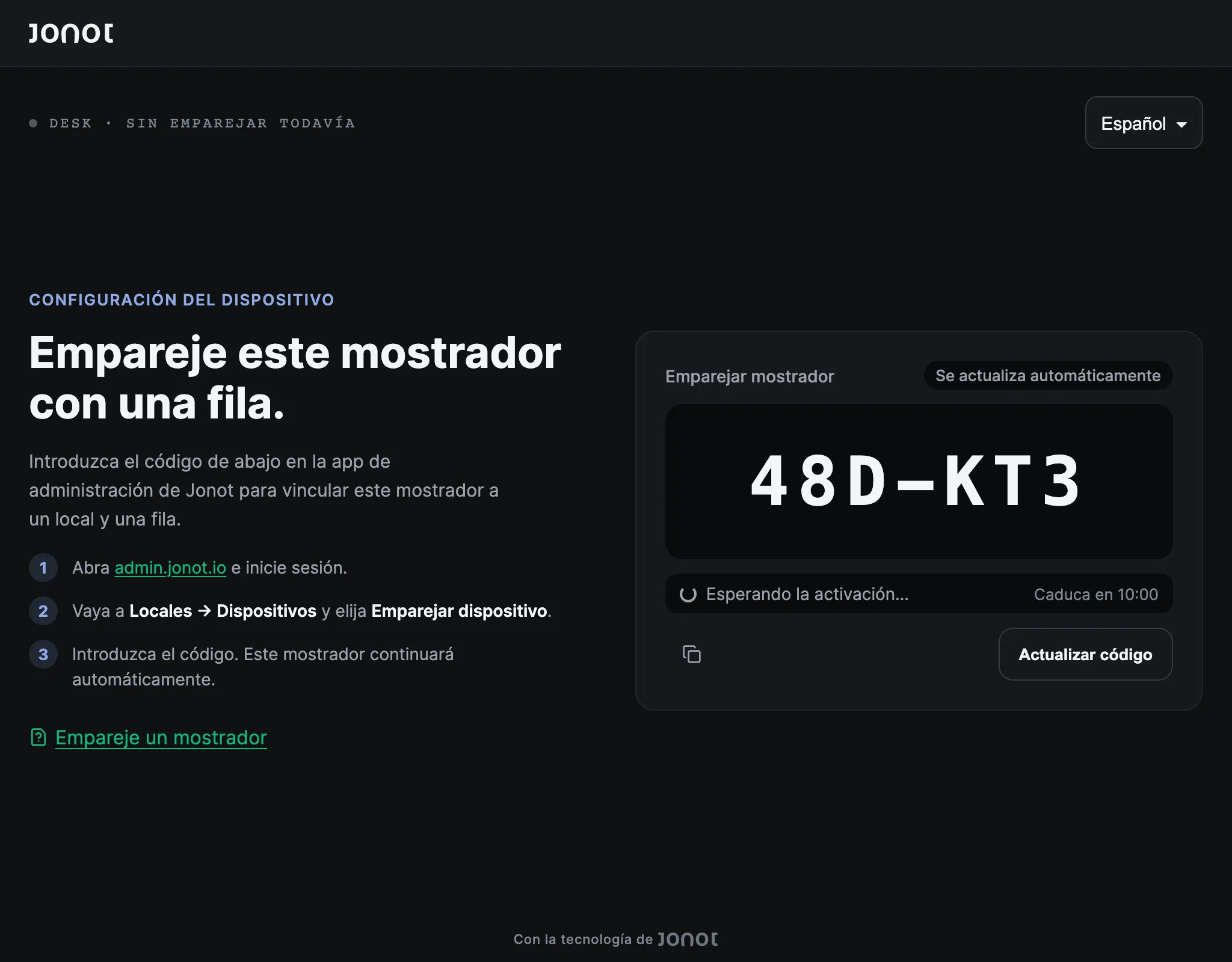 Pantalla de emparejamiento de un terminal de mostrador Jonot mostrando su código de emparejamiento