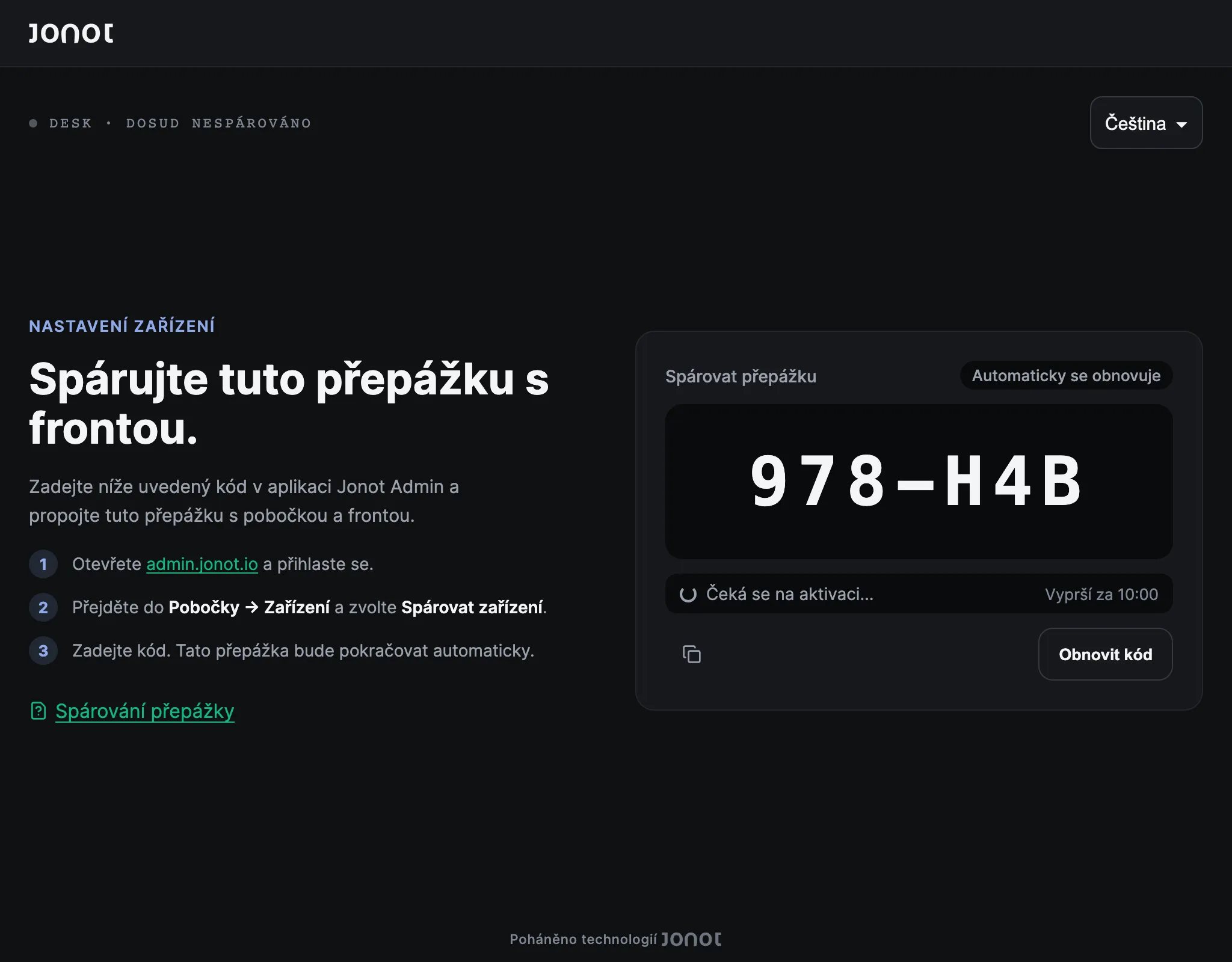 Párovací obrazovka přepážkového terminálu Jonot s párovacím kódem