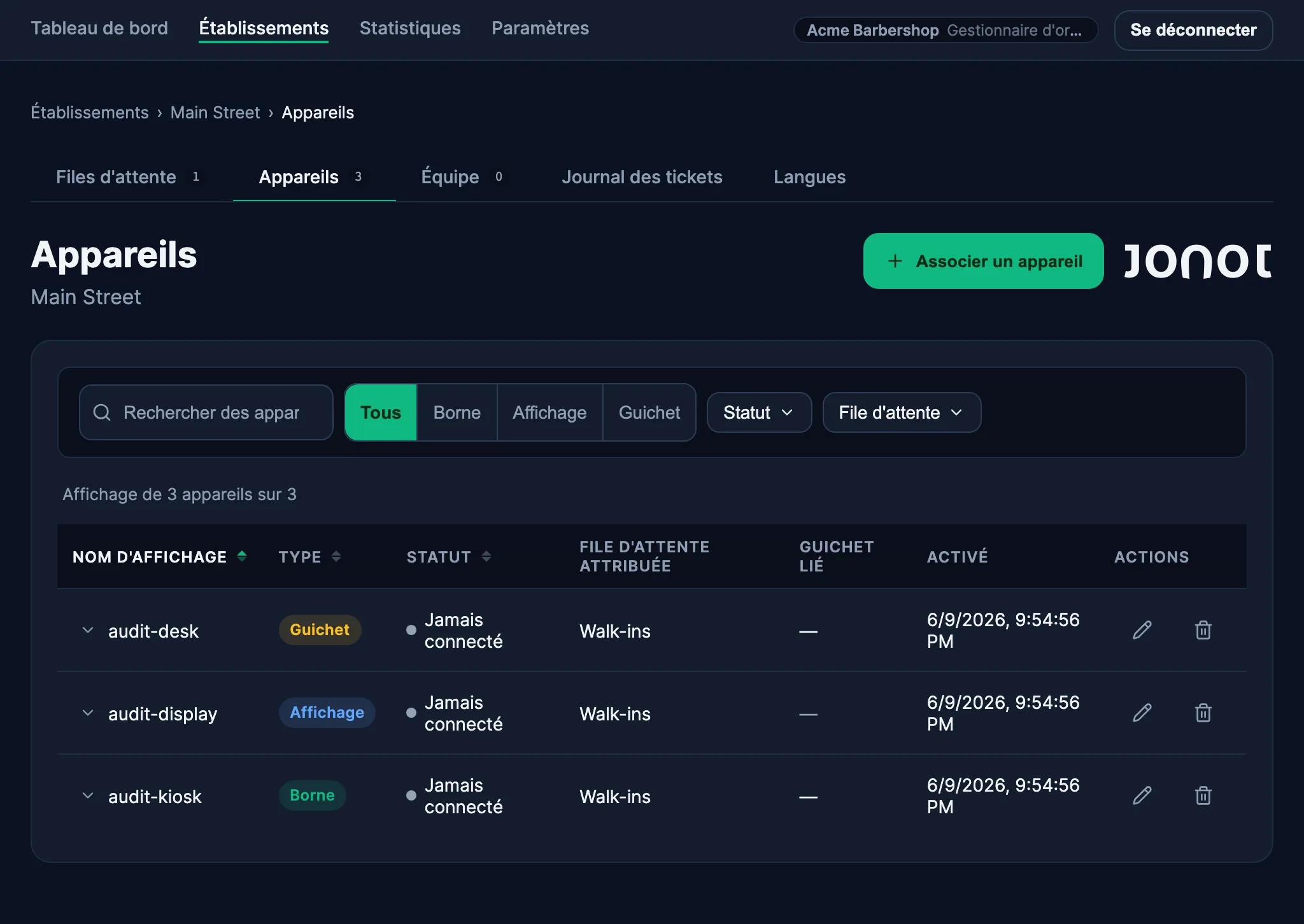 Page de gestion des appareils dans le tableau de bord Admin de Jonot montrant l'appairage d'un terminal de guichet