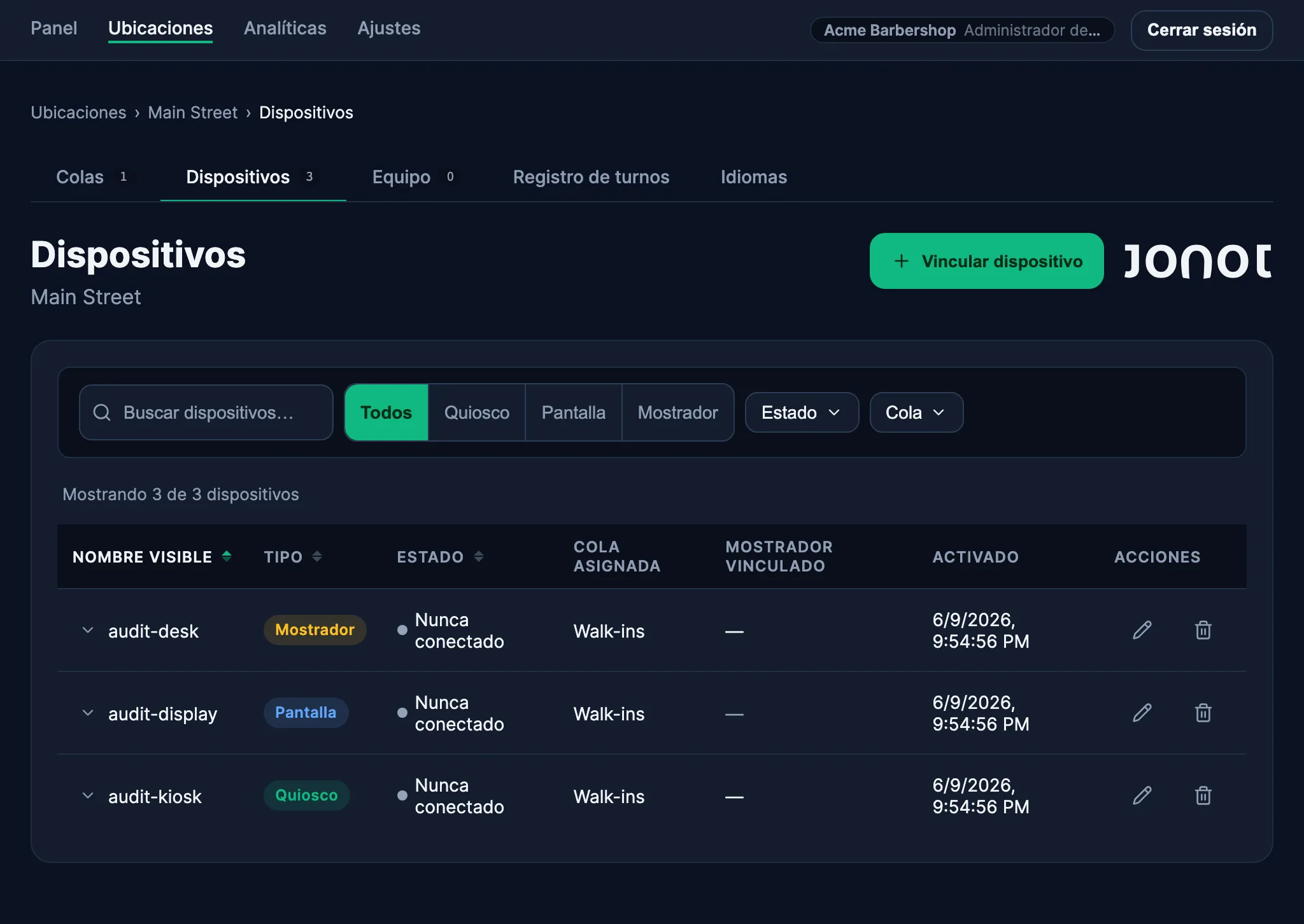 Página de gestión de dispositivos en el panel de administración de Jonot mostrando el emparejamiento de pantalla