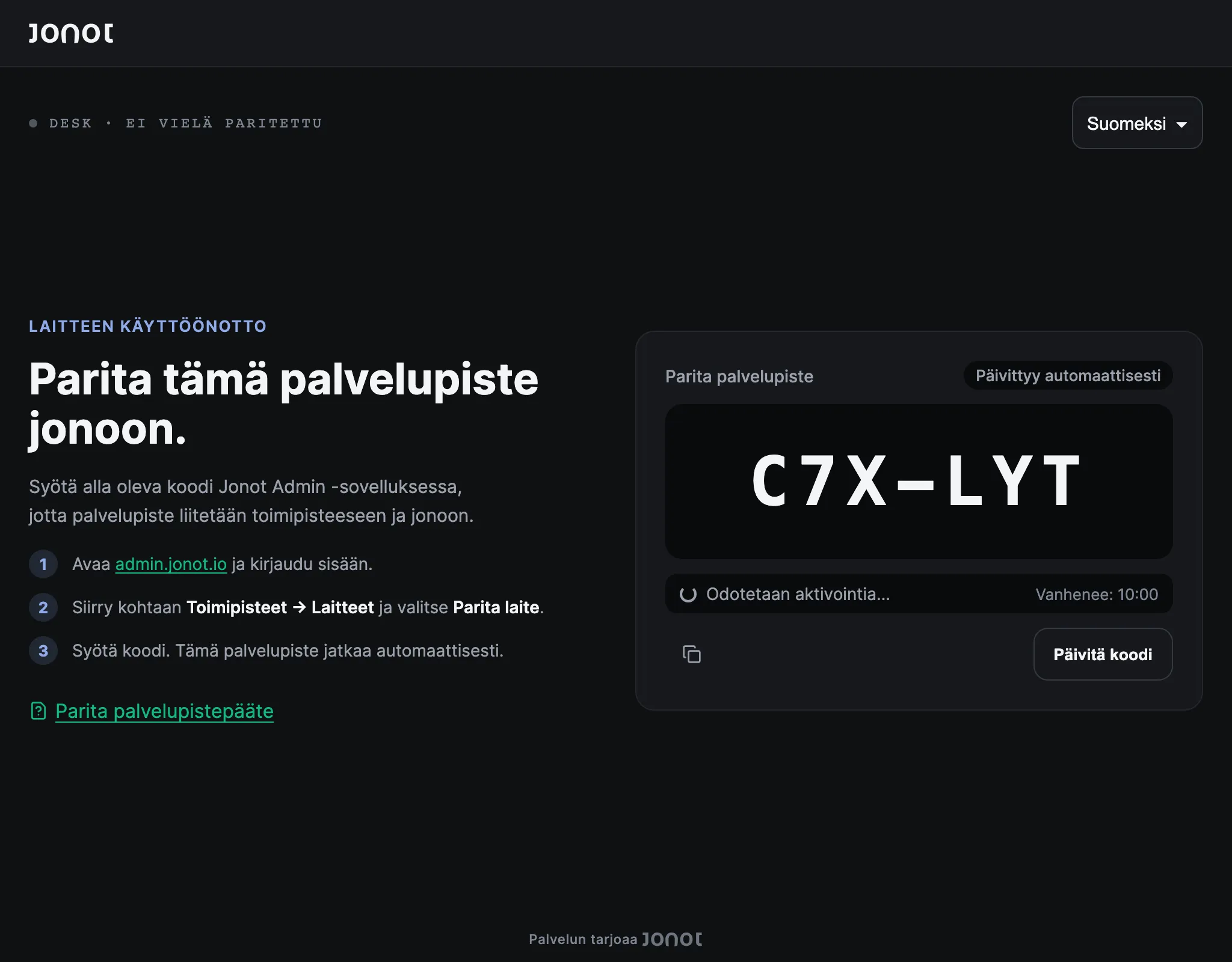 Jonot-palvelupistepäätteen paritusnäyttö, jossa näkyy parituskoodi