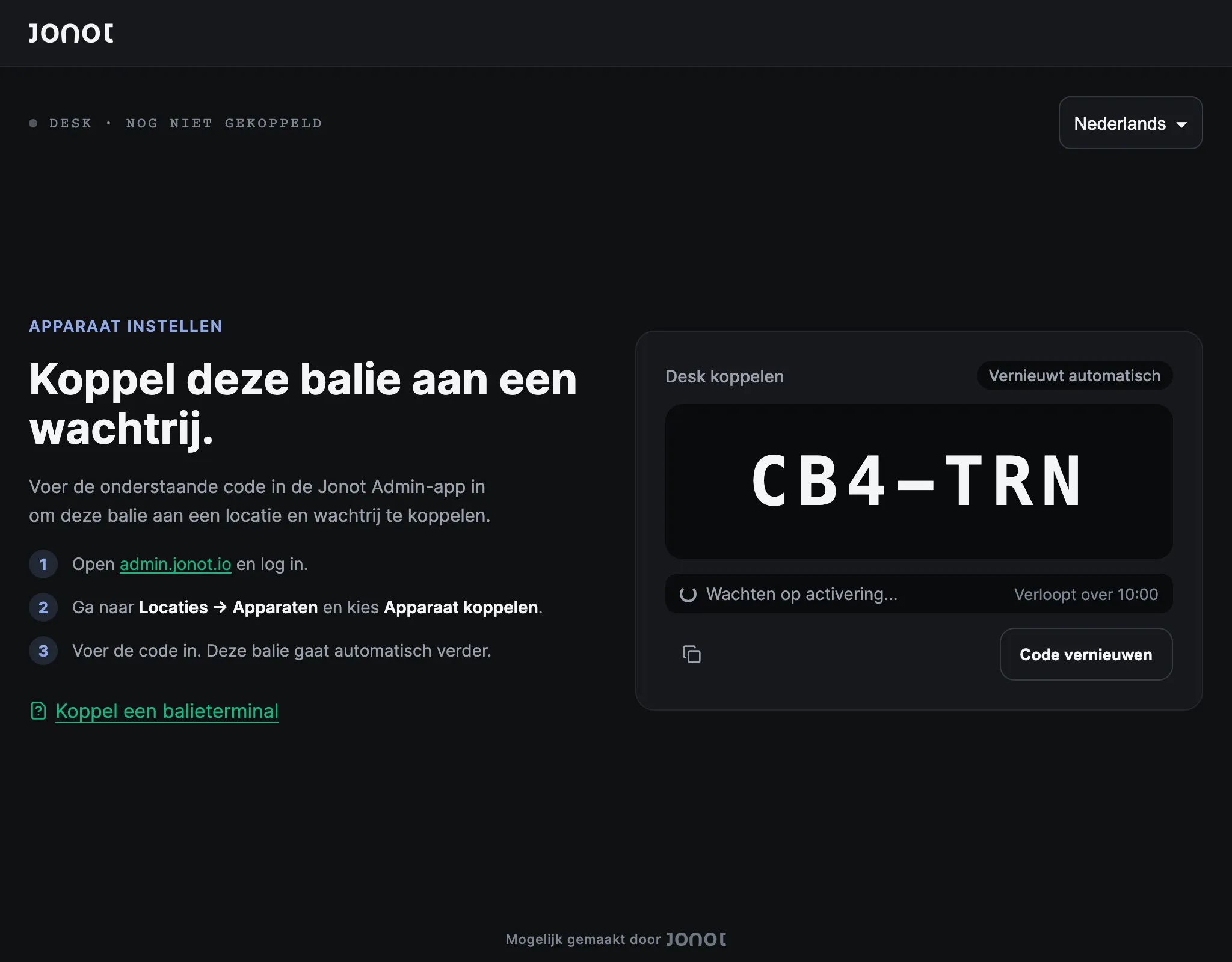 Koppelscherm van een Jonot-balieterminal met de koppelcode