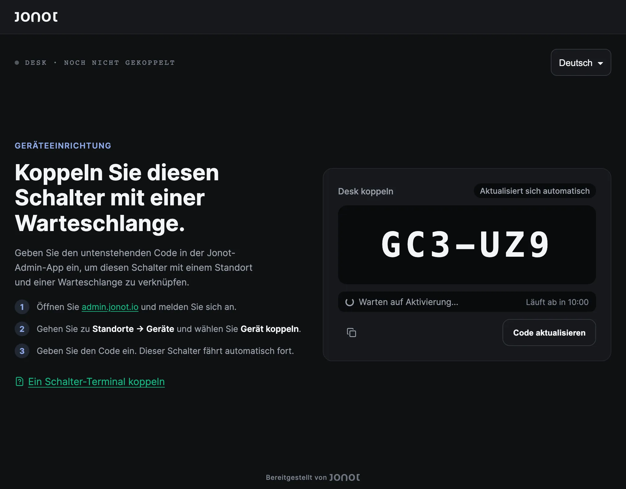 Kopplungsbildschirm eines Jonot-Schalter-Terminals mit dem Kopplungscode