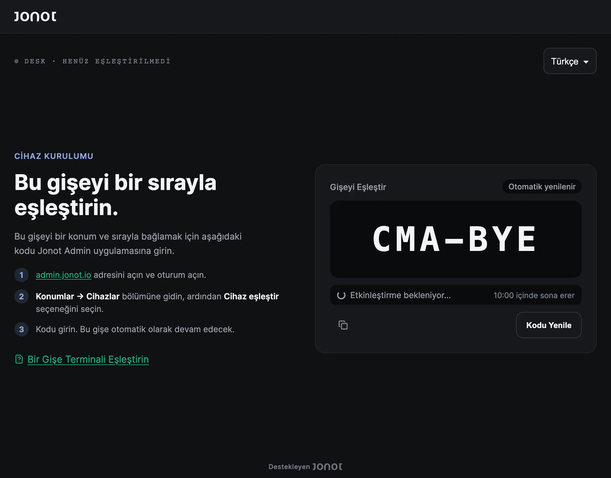 Eşleştirme kodunu gösteren Jonot gişe terminali eşleştirme ekranı