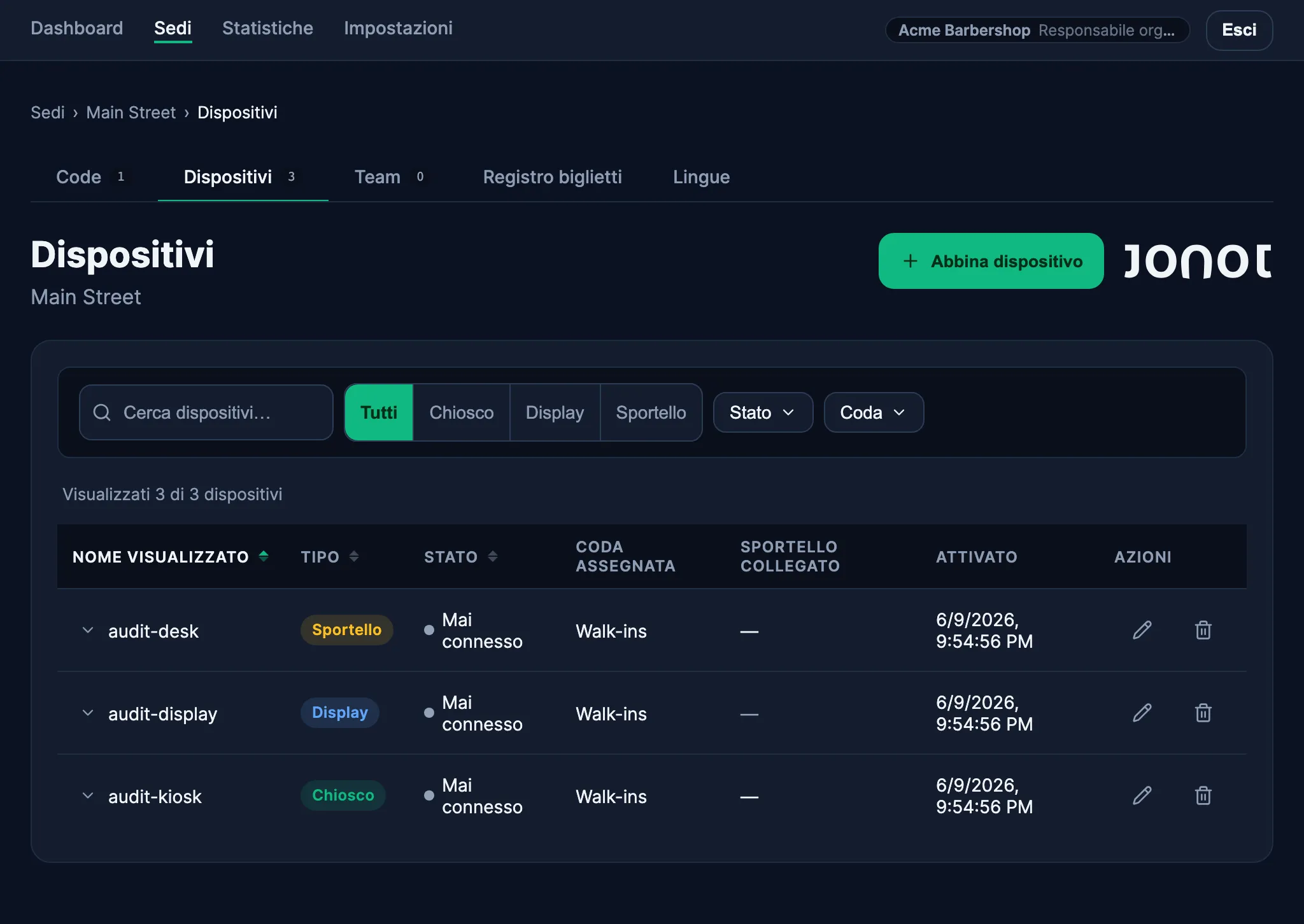 Pagina di gestione dispositivi nella dashboard di amministrazione di Jonot che mostra l'abbinamento del display