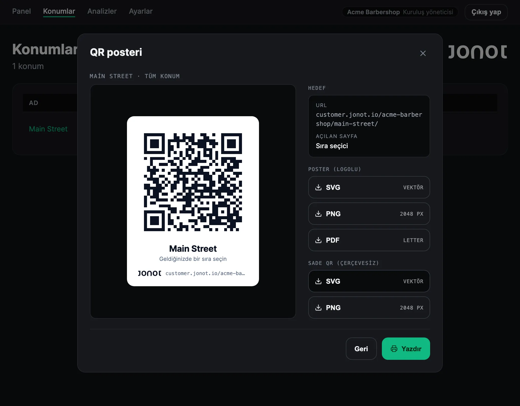 Konumun QR kodunu gösteren Jonot admin panosundaki QR poster iletişim kutusu
