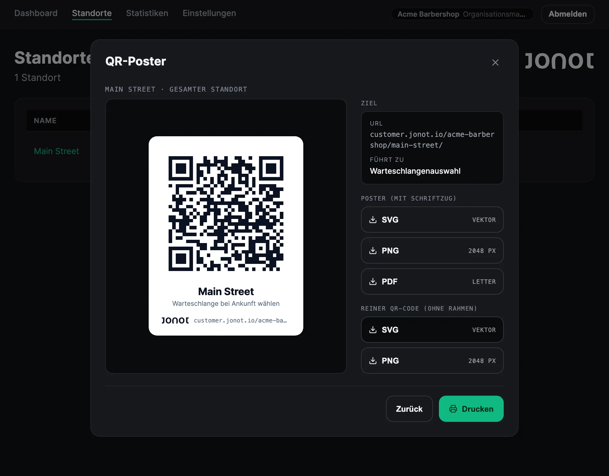 QR-Poster-Dialog im Jonot-Admin-Dashboard mit dem QR-Code des Standorts