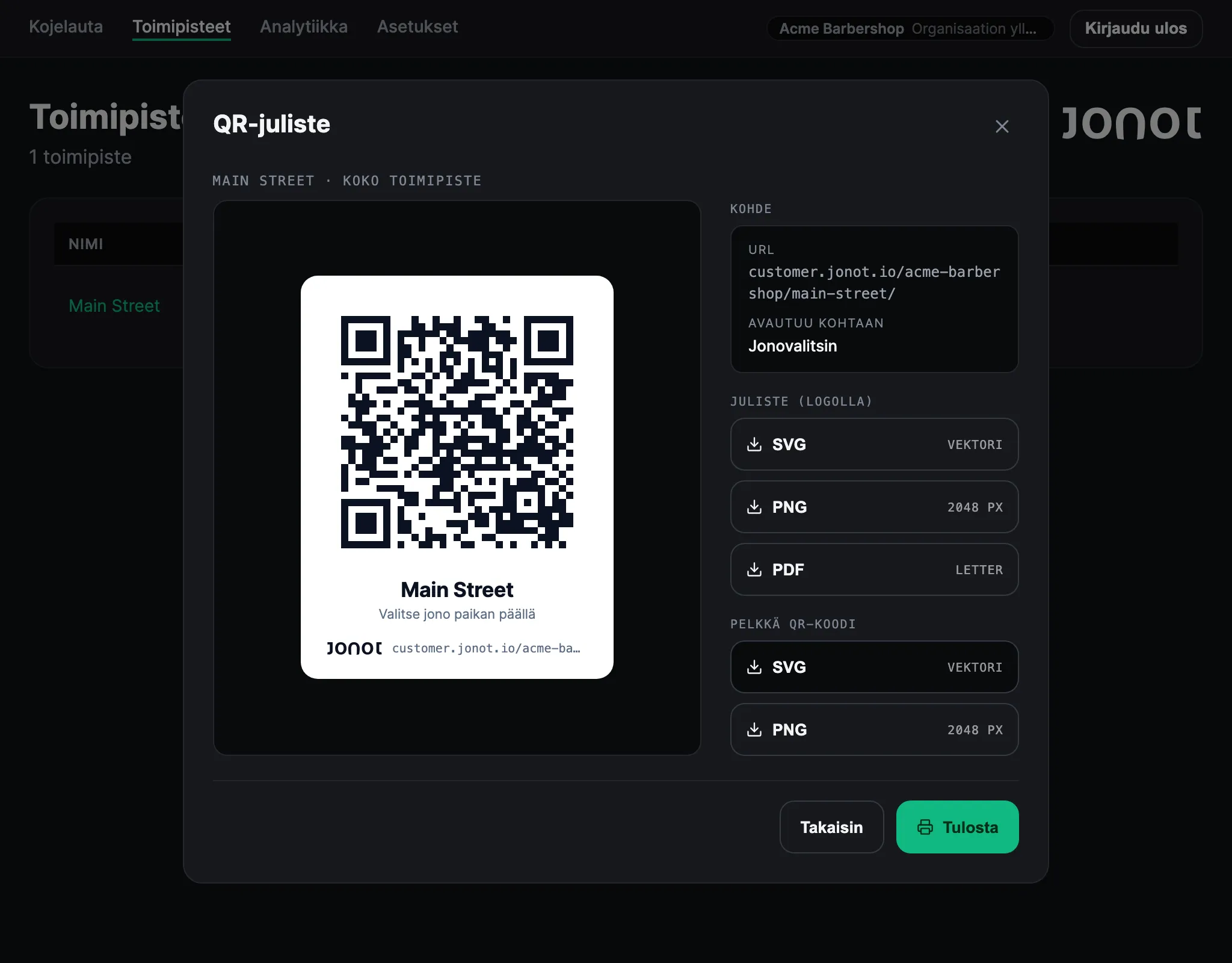 QR-julisteen valintaikkuna Jonotin Admin-hallintapaneelissa, jossa näkyy toimipisteen QR-koodi