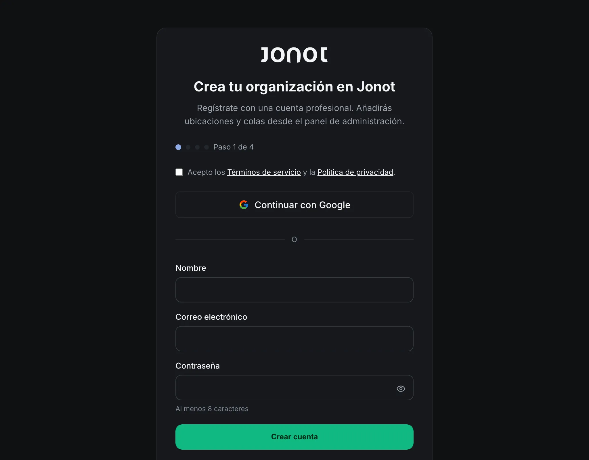 Asistente de registro de Jonot — paso de creación de cuenta