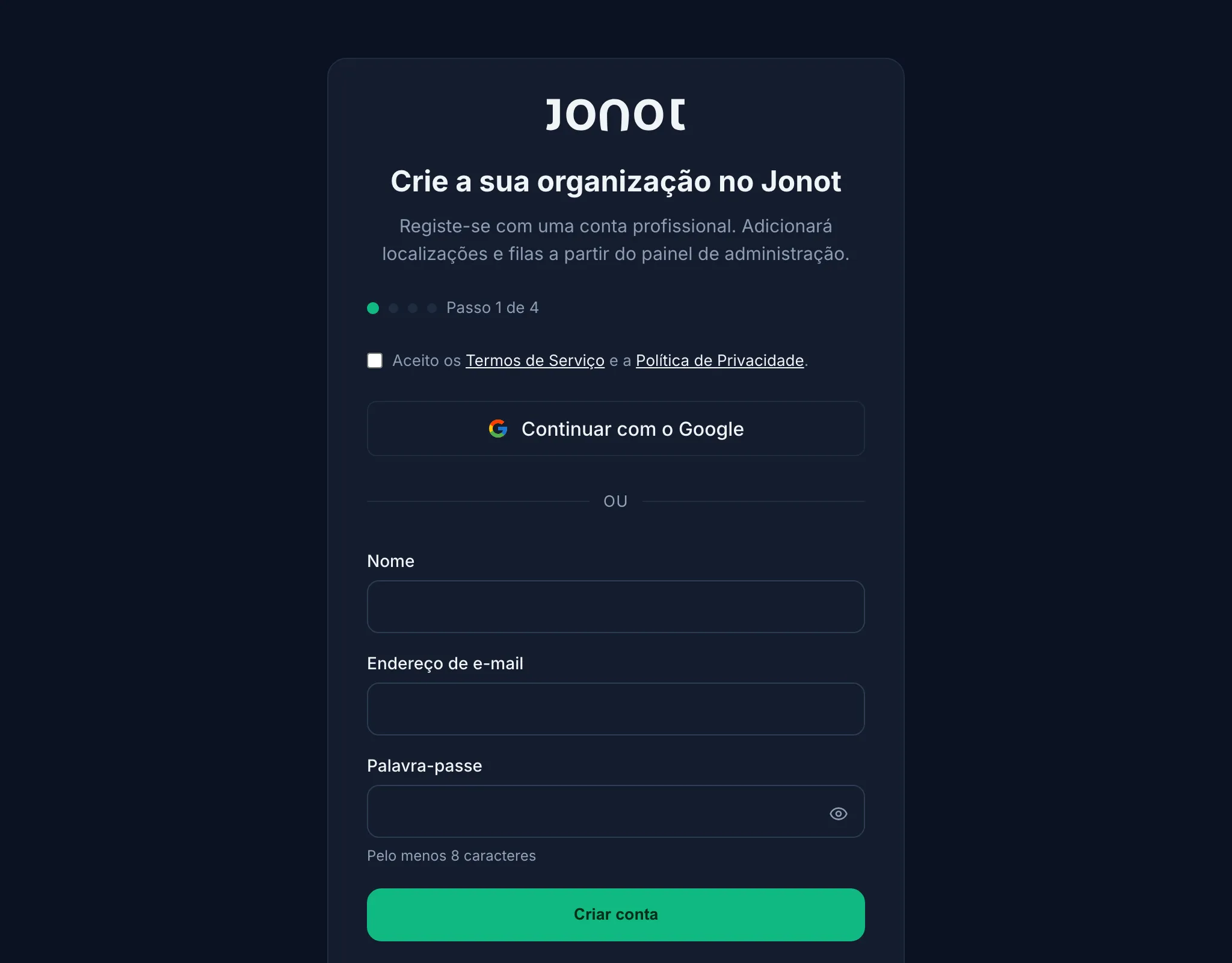 Assistente de registo do Jonot — passo de criação de conta