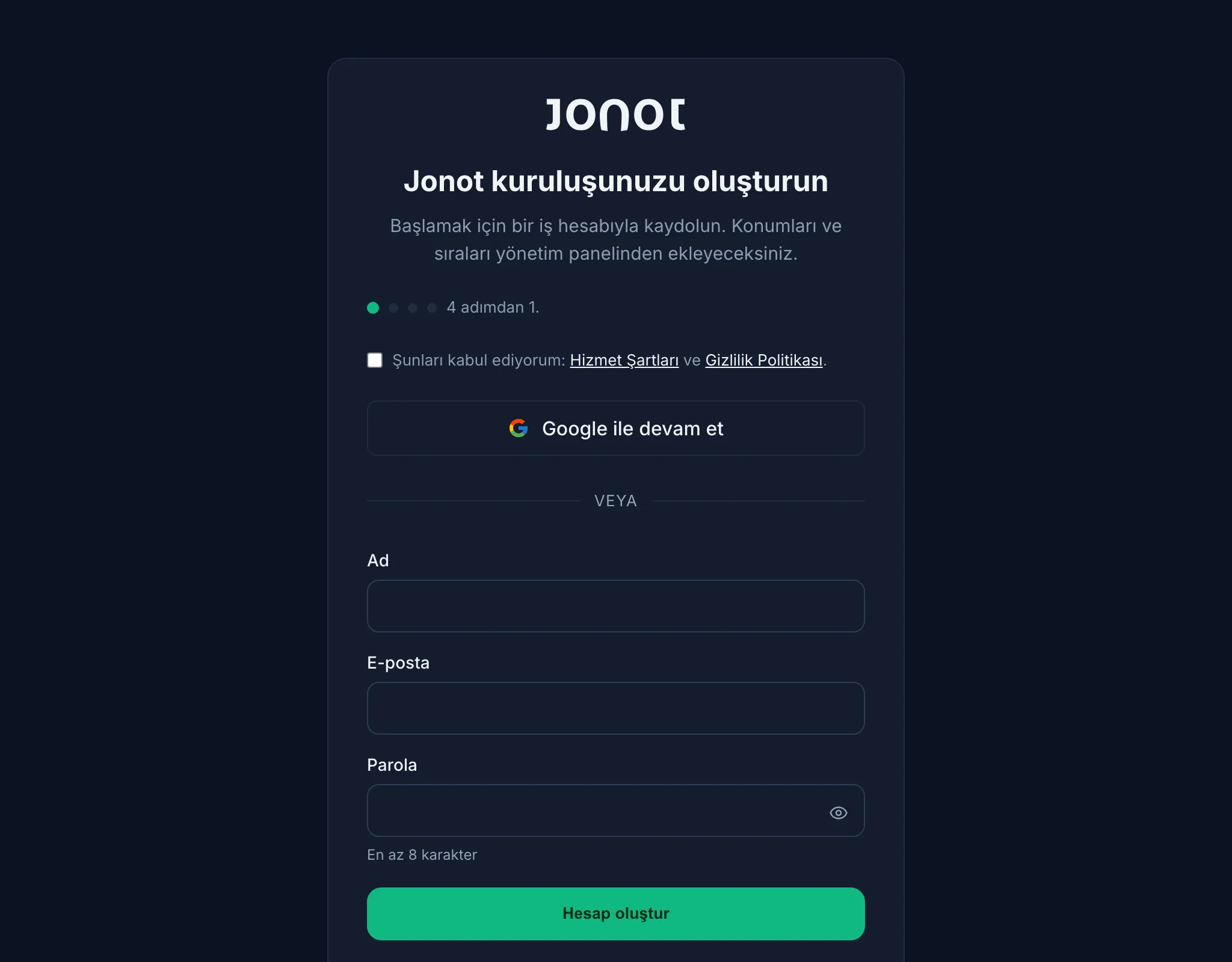 Jonot kayıt sihirbazı — hesap oluşturma adımı