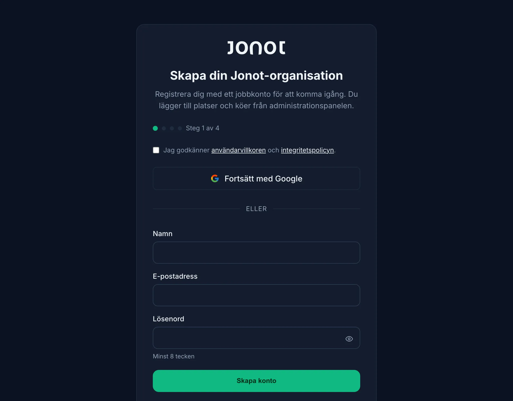 Jonots registreringsguide — steget för att skapa konto