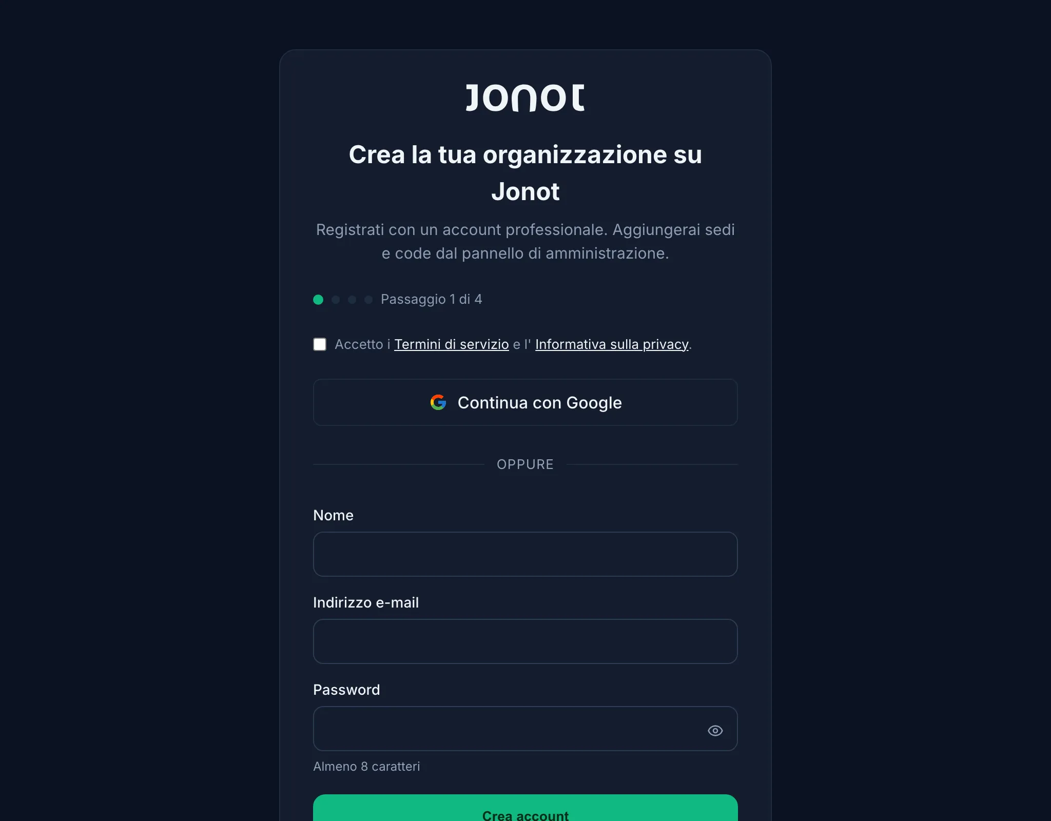 Procedura guidata di registrazione Jonot — passaggio di creazione account