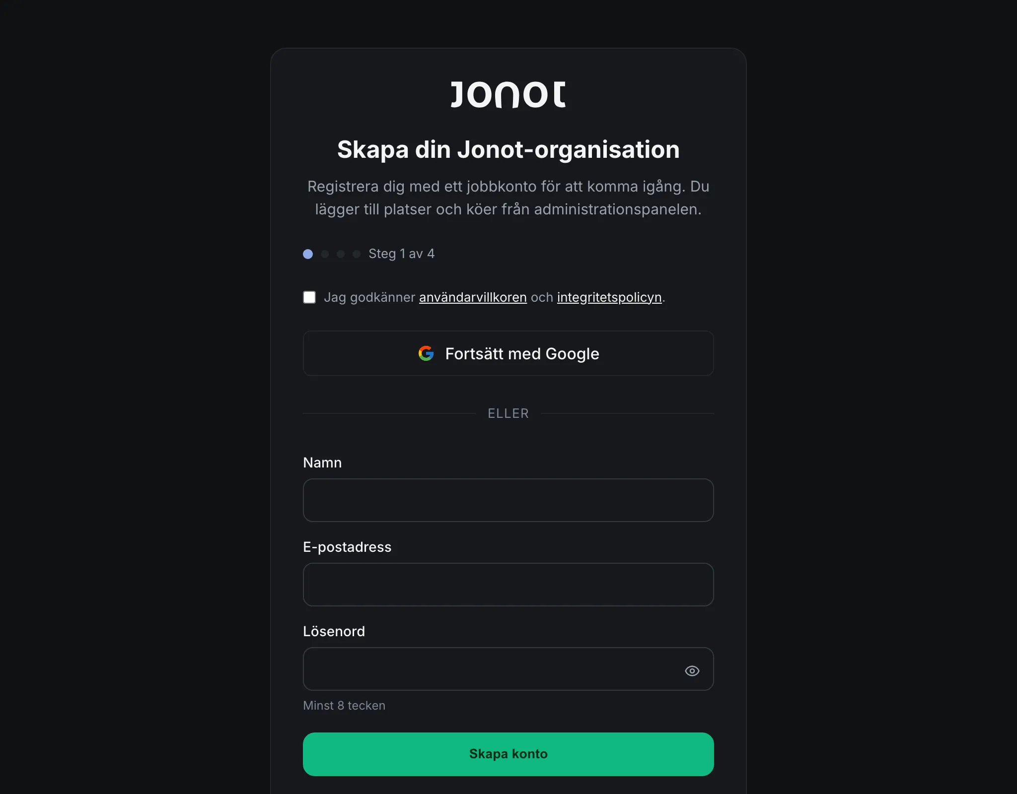 Jonots registreringsguide — steget för att skapa konto