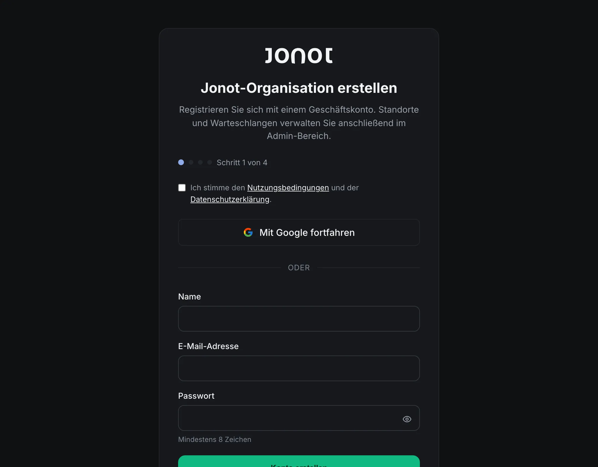 Jonot-Registrierungsassistent — Schritt zur Kontoerstellung