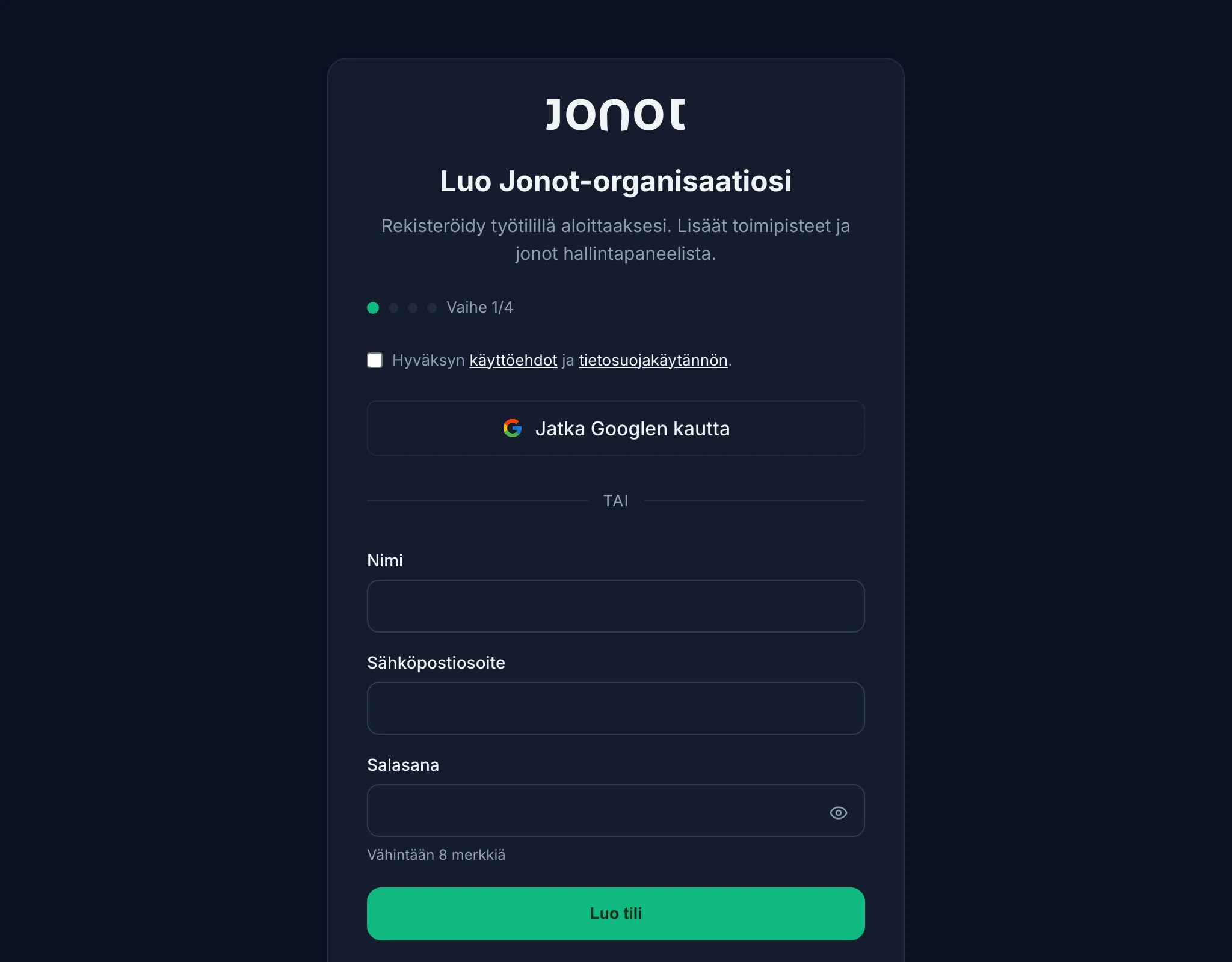 Jonotin rekisteröitymisohjattu toiminto — tilin luontivaihe