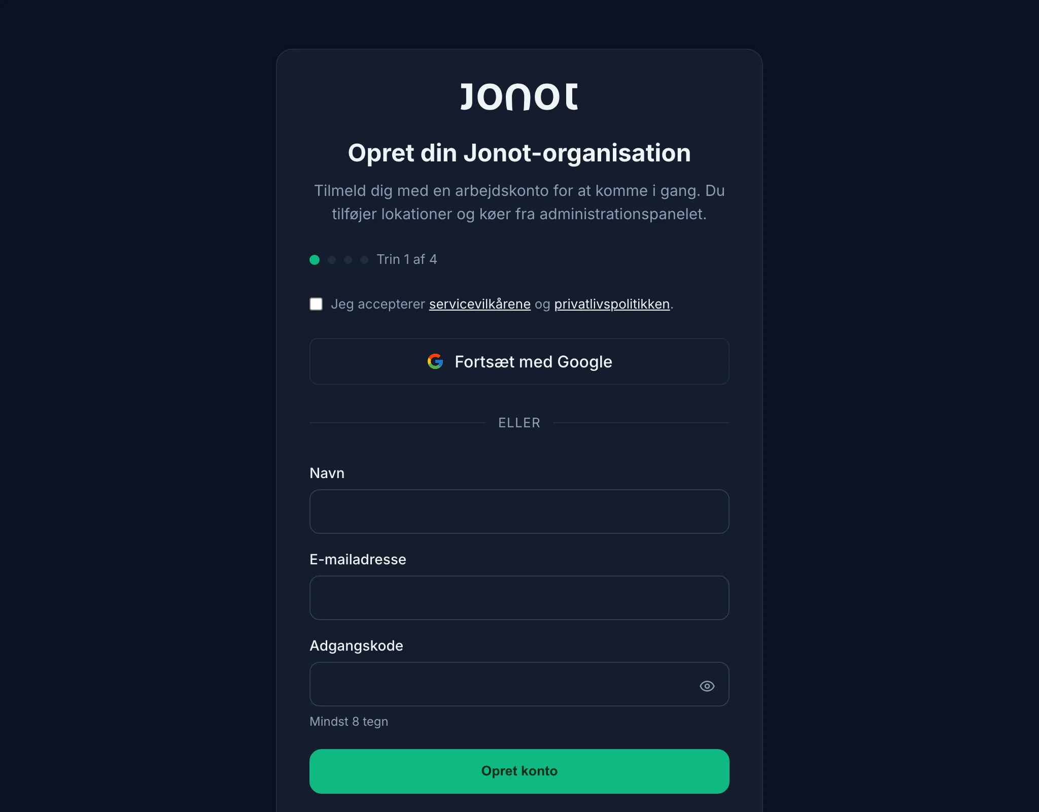 Jonots registreringsguide — trinnet til kontooprettelse