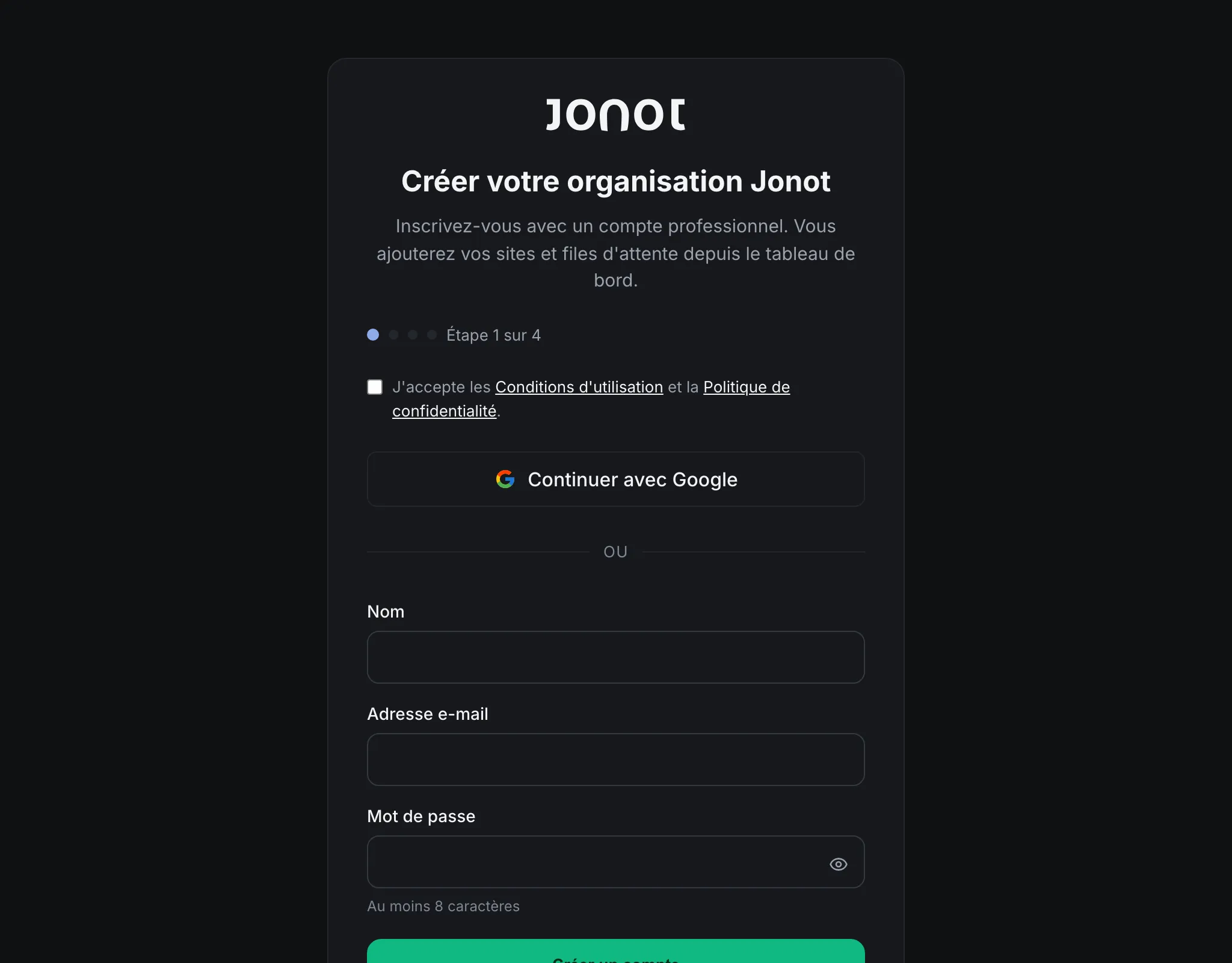 Assistant d'inscription Jonot — étape de création du compte