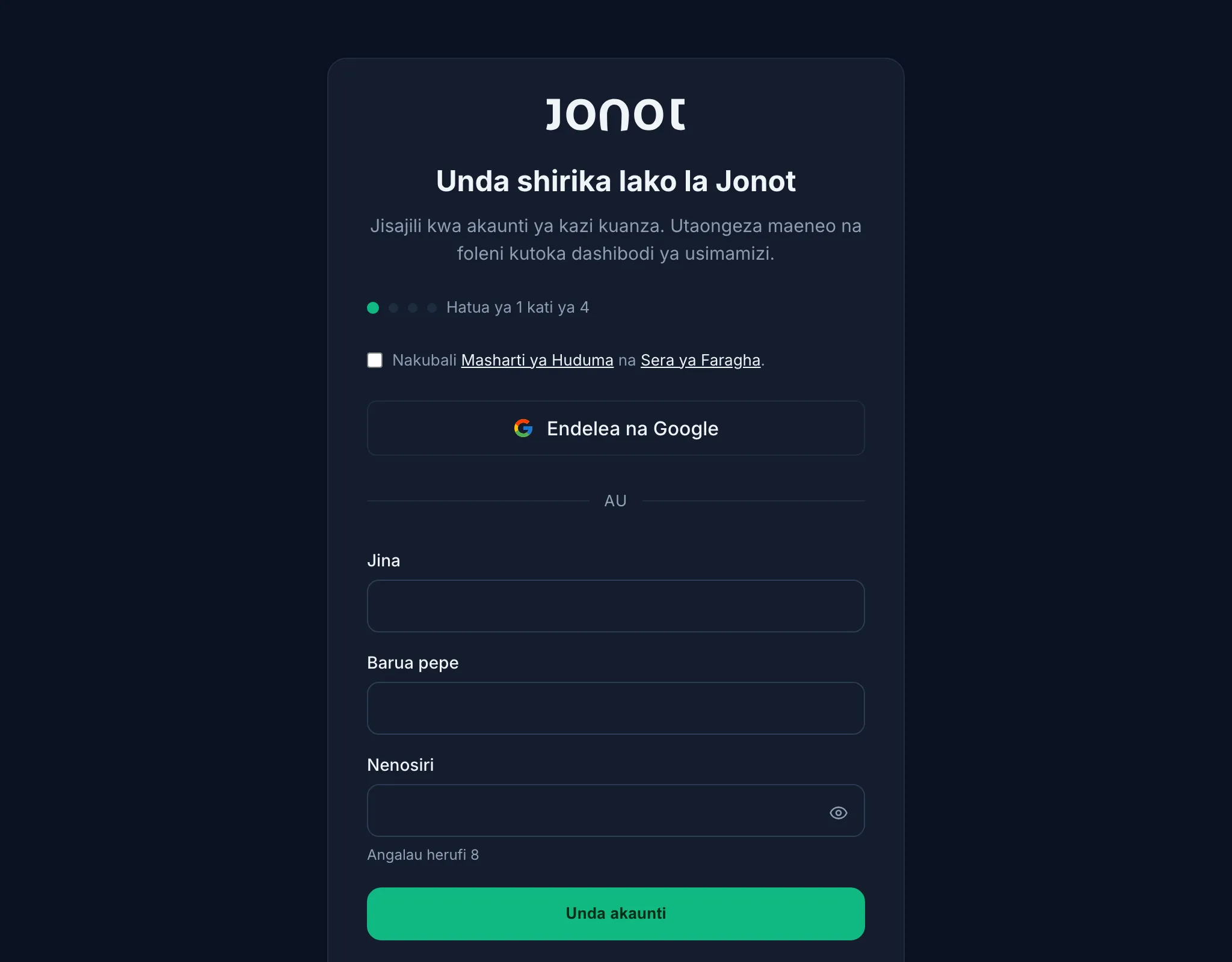 Mchakato wa usajili wa Jonot — hatua ya kuunda akaunti