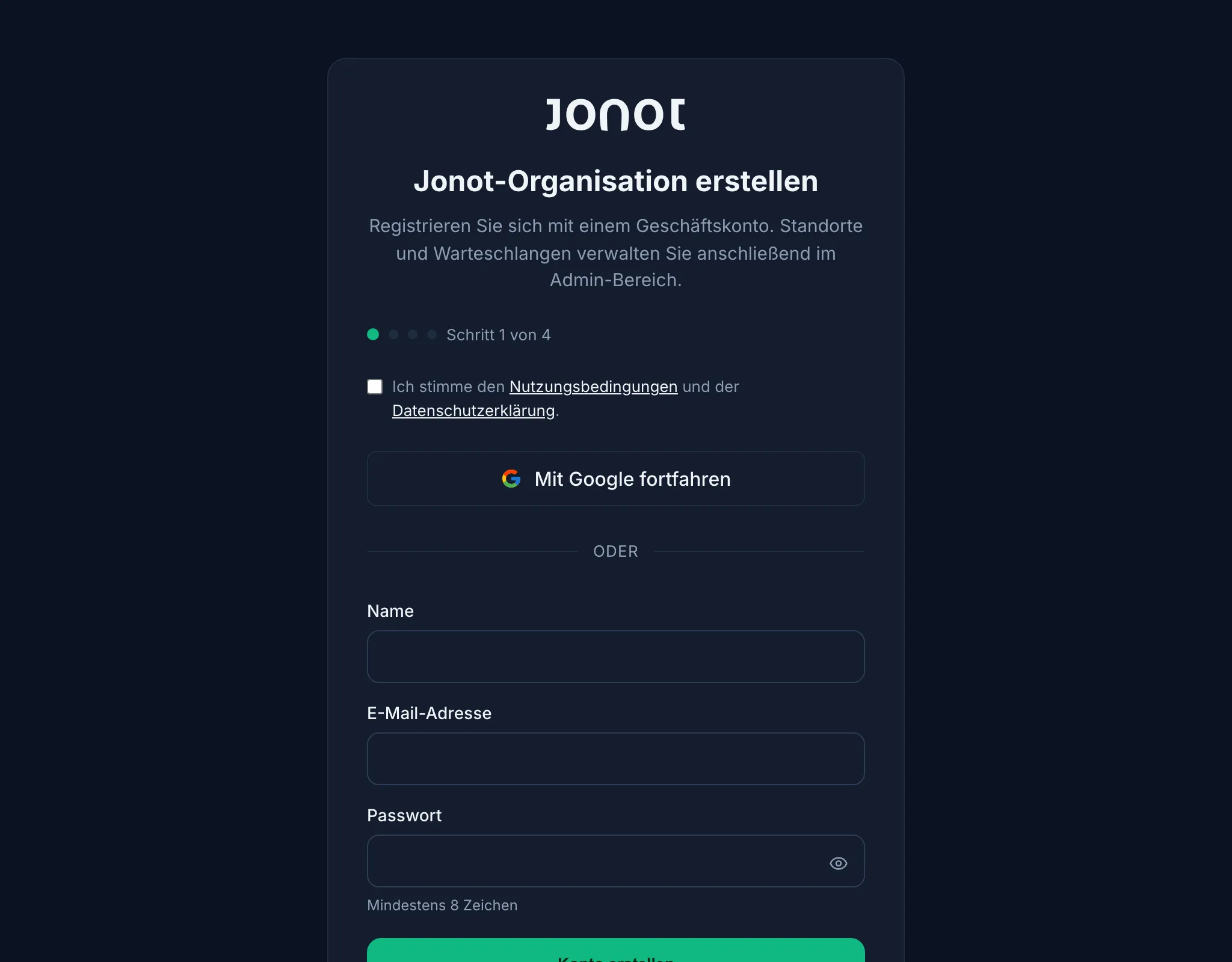 Jonot-Registrierungsassistent — Schritt zur Kontoerstellung