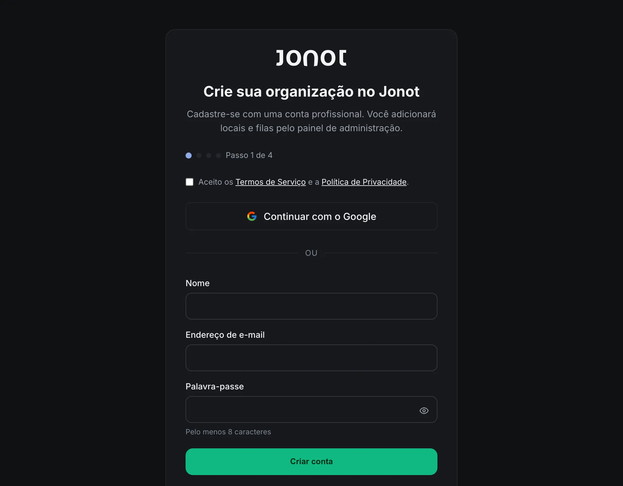 Assistente de registro do Jonot — passo de criação de conta