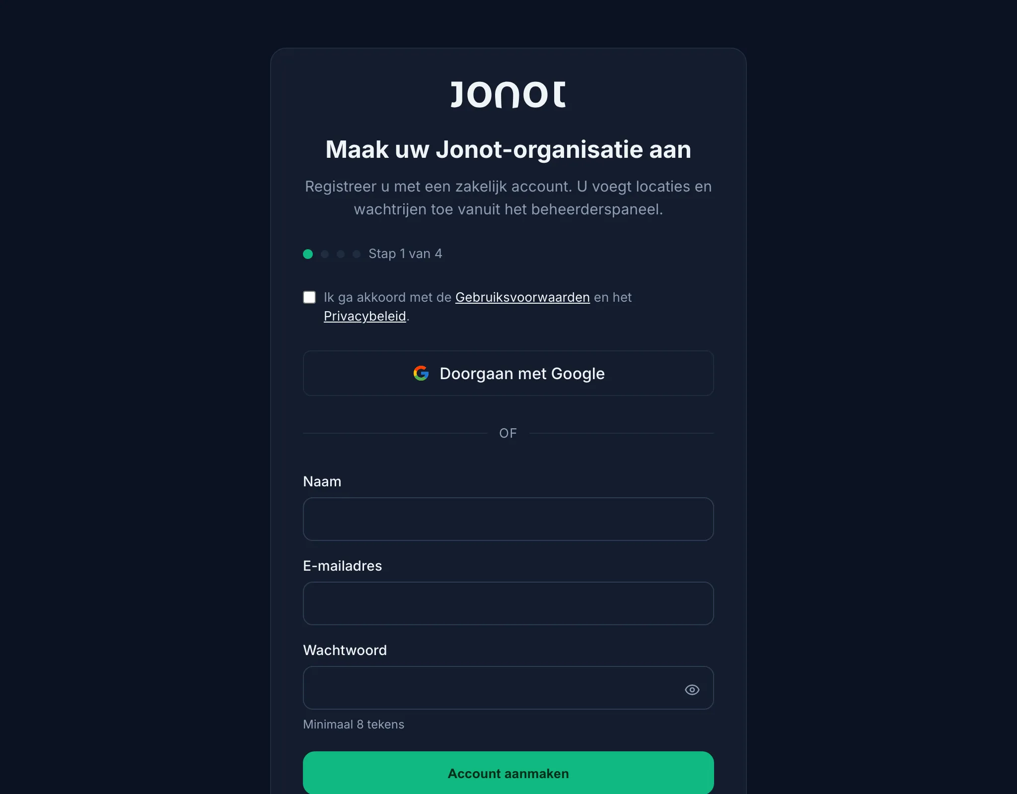 Aanmeldwizard van Jonot — stap voor het aanmaken van een account