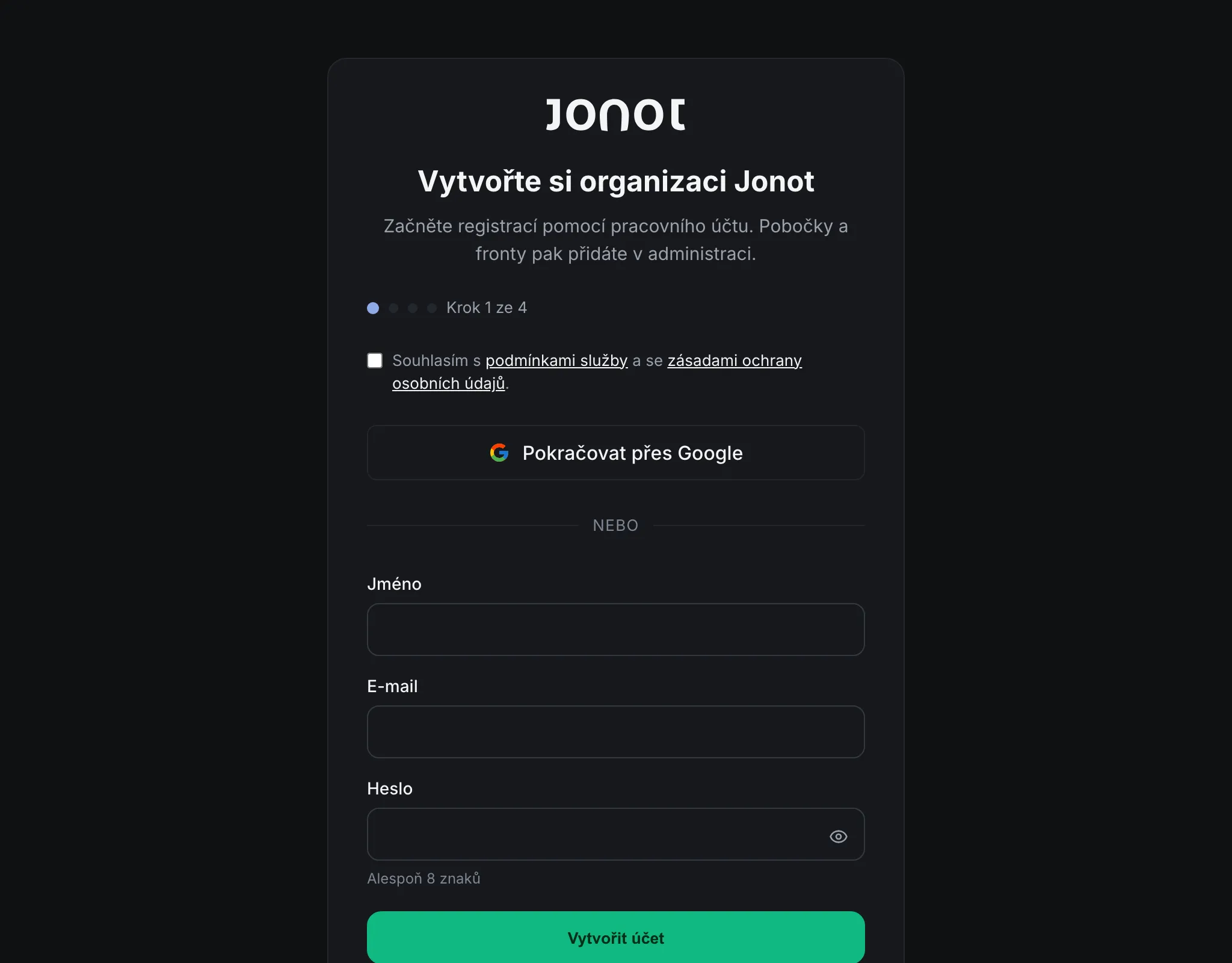 Průvodce registrací Jonot — krok vytvoření účtu