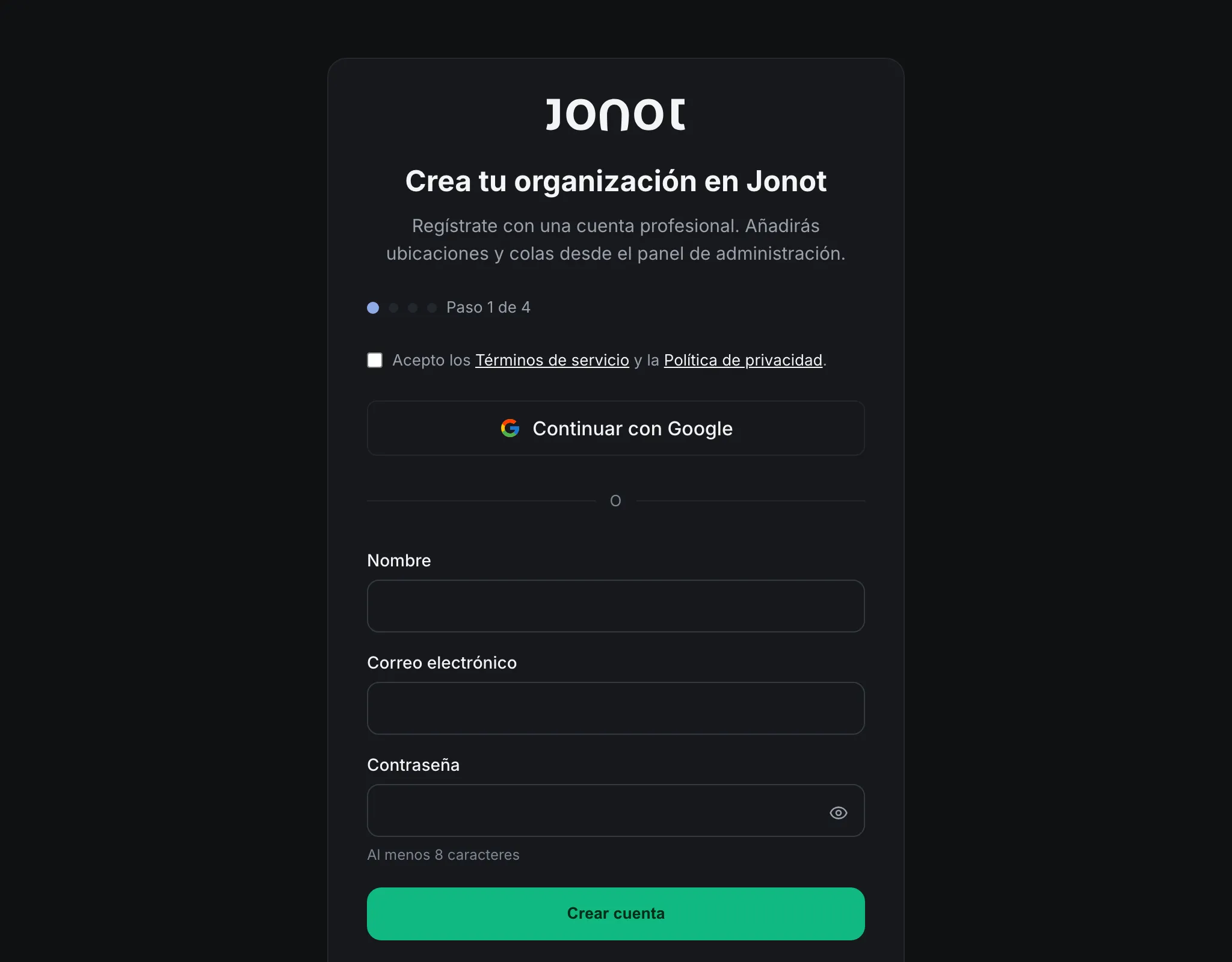 Asistente de registro de Jonot — paso de datos de la organización