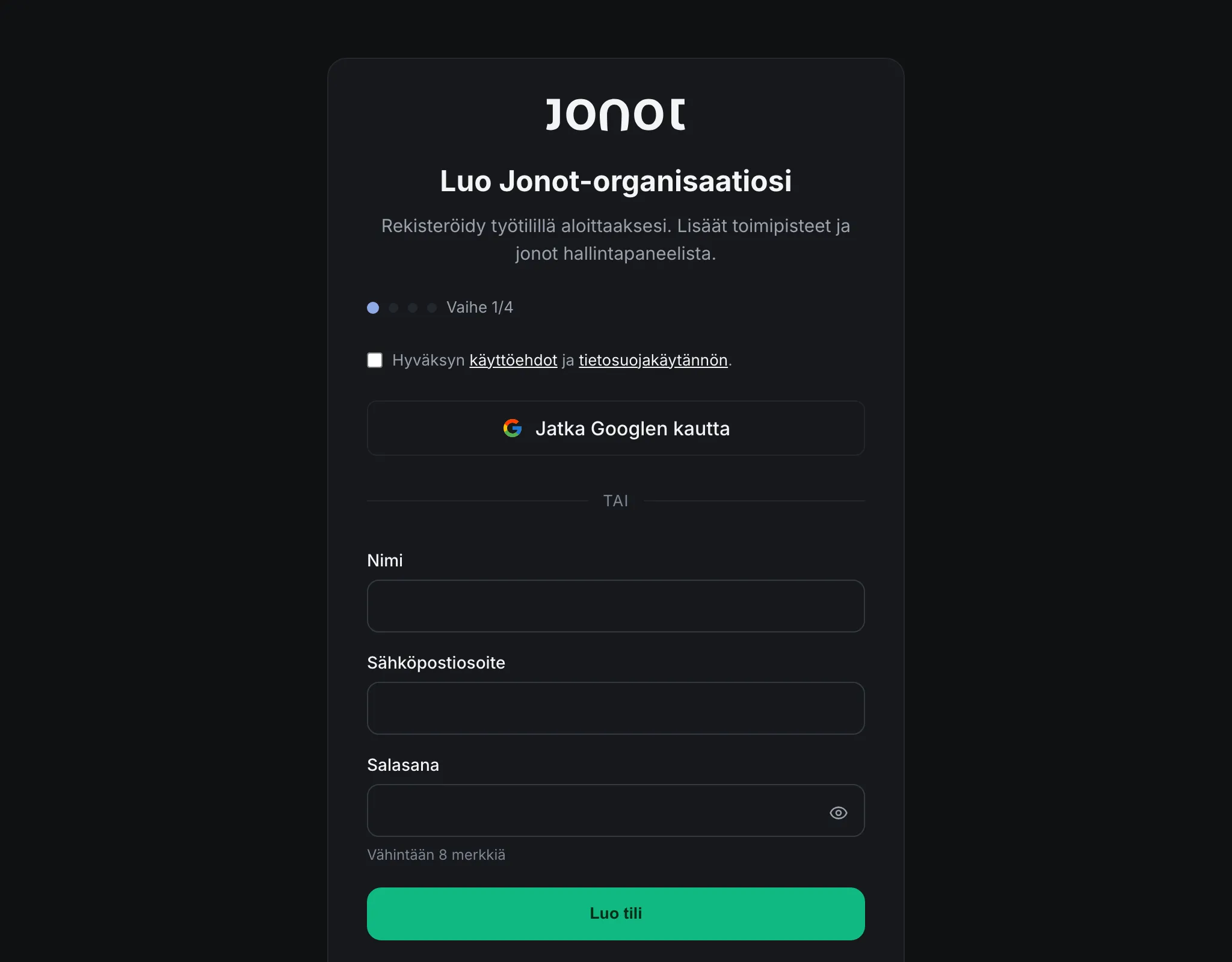 Jonotin ohjattu rekisteröityminen — organisaation tietojen vaihe