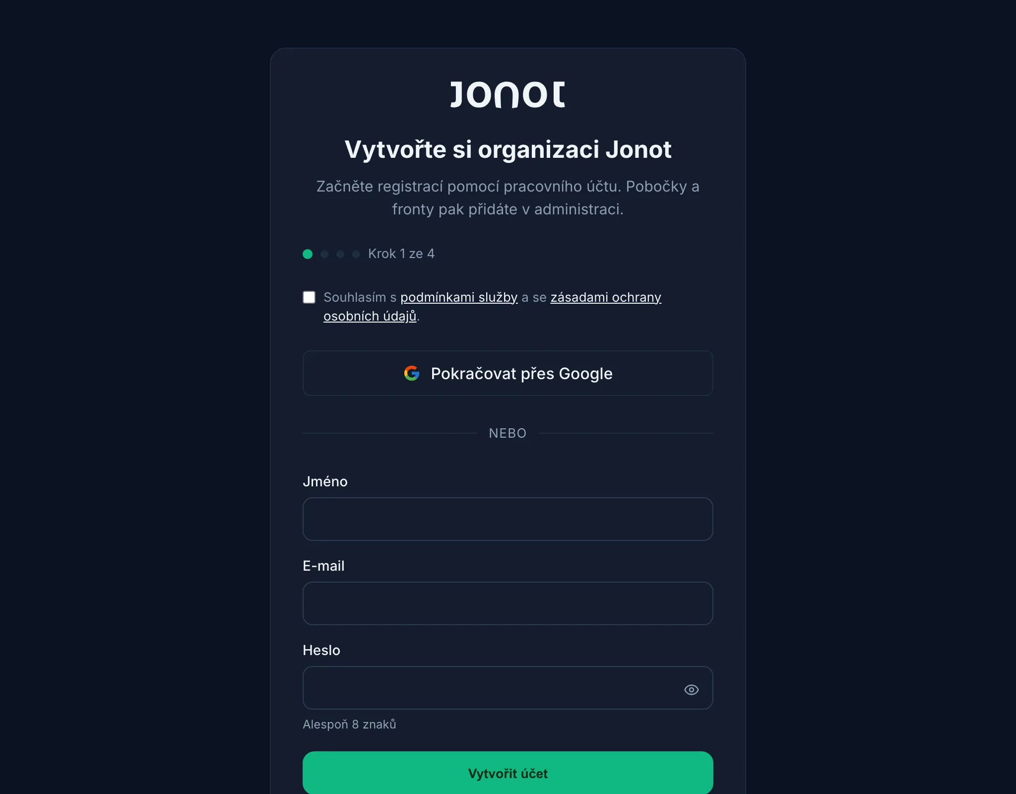 Průvodce registrací Jonot — krok s údaji o organizaci