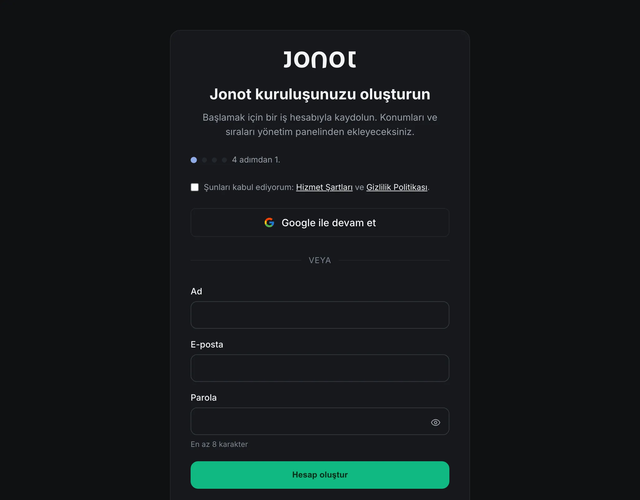 Jonot kayıt sihirbazı — kuruluş bilgileri adımı