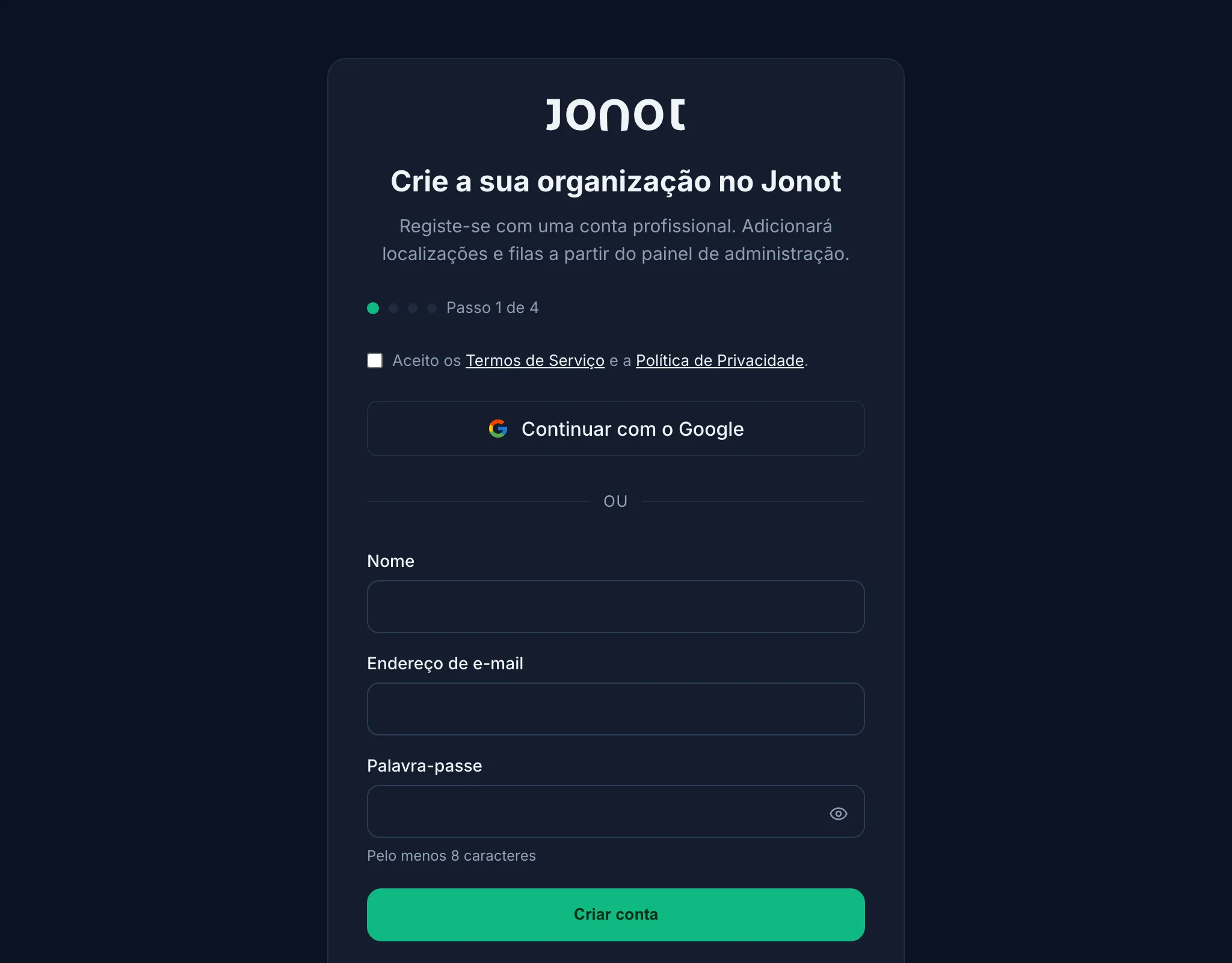 Assistente de registo do Jonot — passo de dados da organização