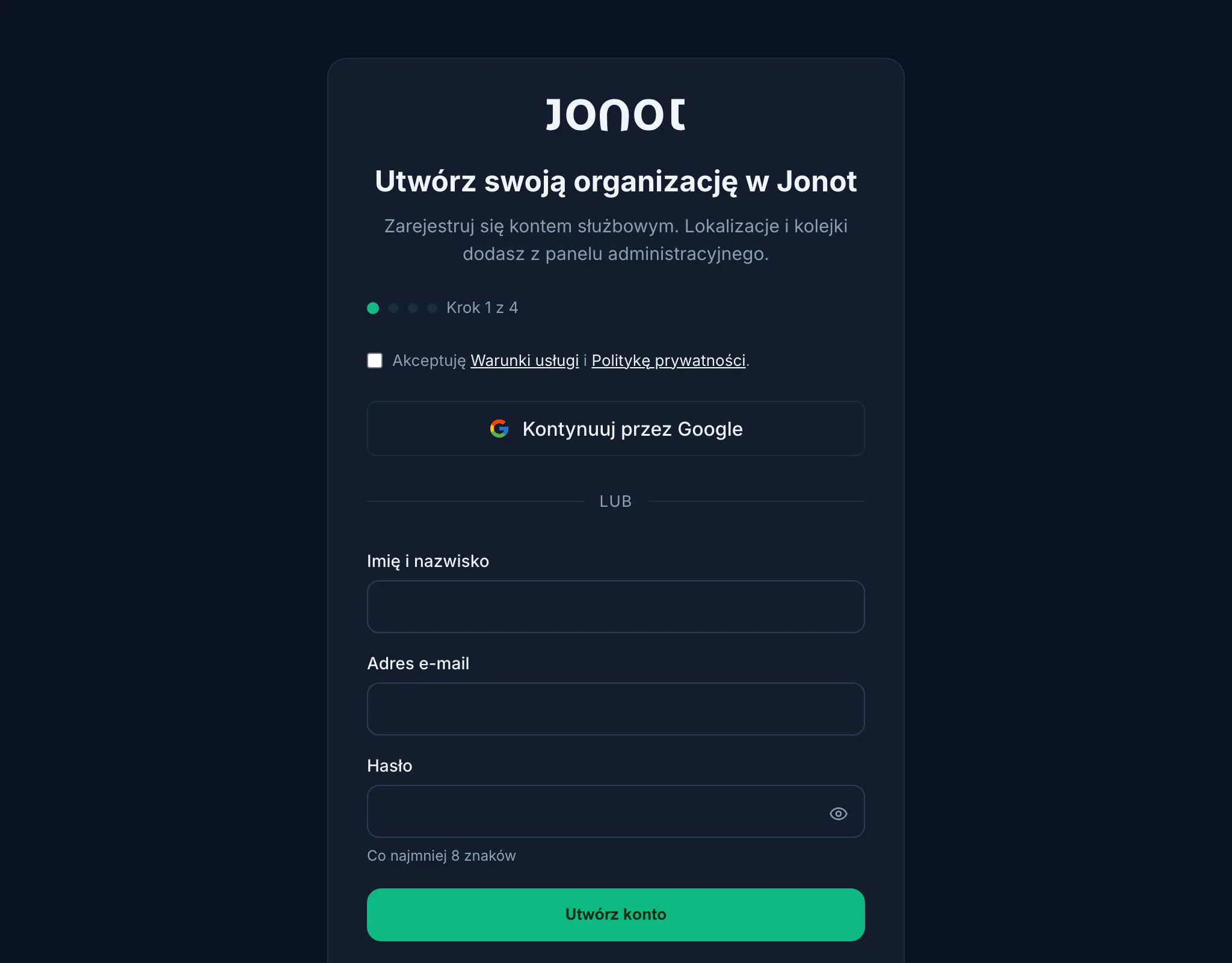 Kreator rejestracji Jonot — krok danych organizacji
