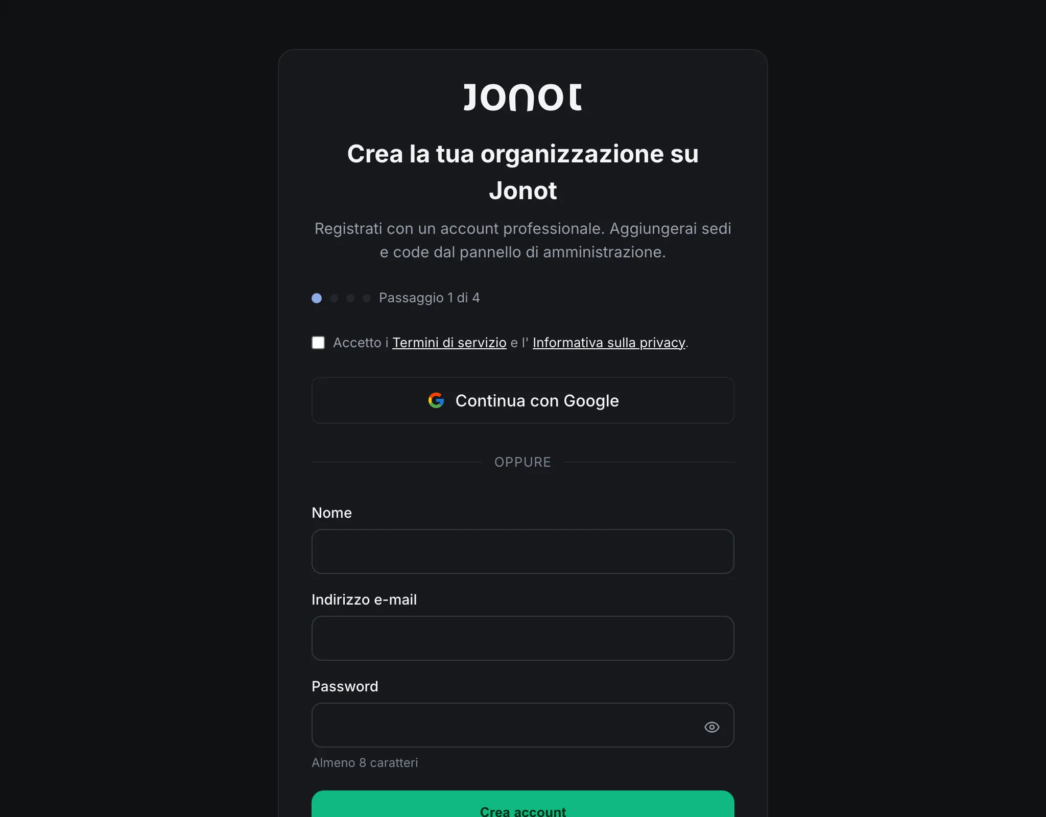Procedura guidata di registrazione Jonot — passaggio dei dettagli dell'organizzazione